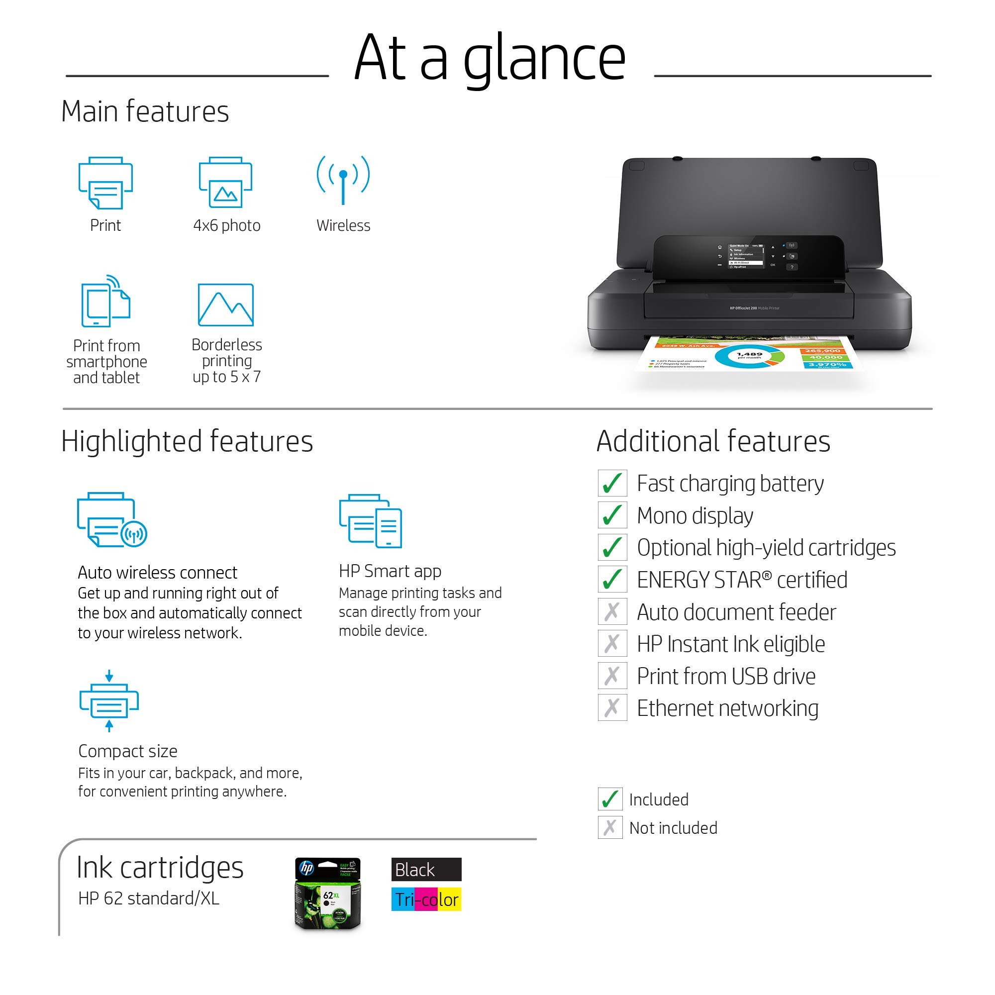 HP OfficeJet 200 Portable Wireless Printer | Mobile Printing | Compact Travel Printer (CZ993A) (Renewed) | Perfect for Business Travel, Home Office & On-the-Go Printing
