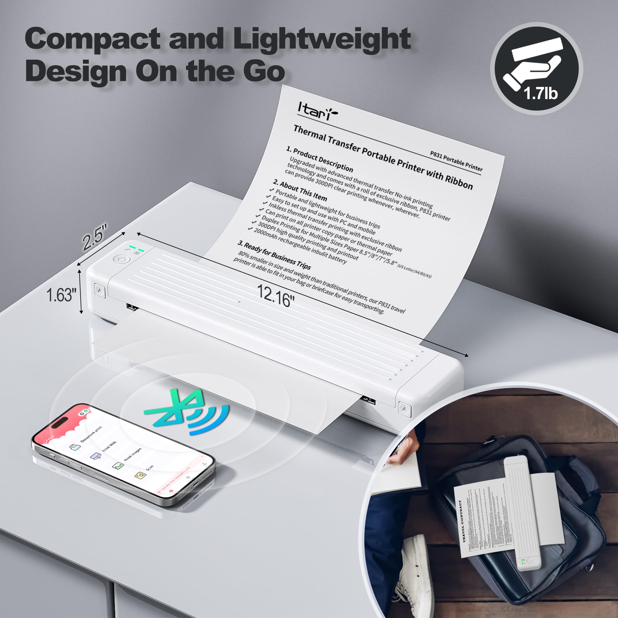 Itari Inkless Wireless Bluetooth Printer - Upgraded 300DPI Portable A4 Printer for Home & Office | Compact Thermal & Normal Paper Printer for Receipts, Labels, Documents | Works with iOS & Android Devices