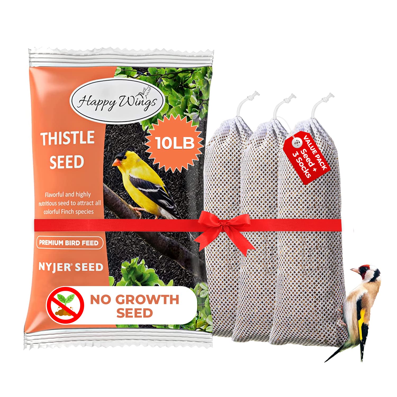 Premium Nyjer/Thistle Bird Seed - 10lb No-Grow Wild Bird Food with Free Mesh Sock Feeder | Attracts Finches & Songbirds | Backyard Birdwatching & Garden Feeding