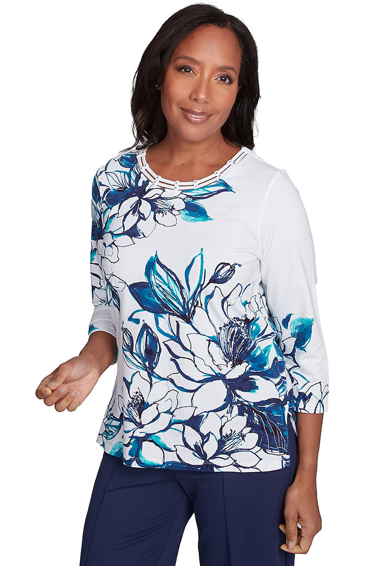 Petite Nantucket Lattice Neck Knit Top for Women - Soft Cotton Summer T-Shirt - Casual & Beach Wear