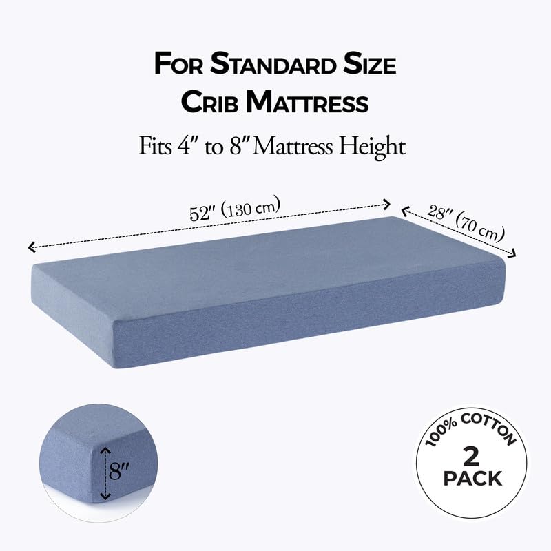 Premium 2-Pack 100% Cotton Crib Sheets for Boys & Girls - Ultra Soft Standard Crib Fitted Sheets (52x28 Inches) | Dinosaur & Denim Blue Designs | Perfect for Nursery, Daycare & Toddler Beds
