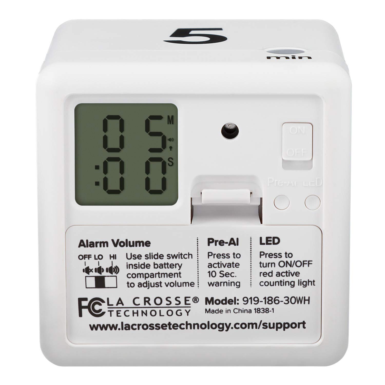 La Crosse Technology 919-186-60WH White Cube Timer - 5/15/30/60 Minute Countdown for Kitchen, Classroom & Office Use