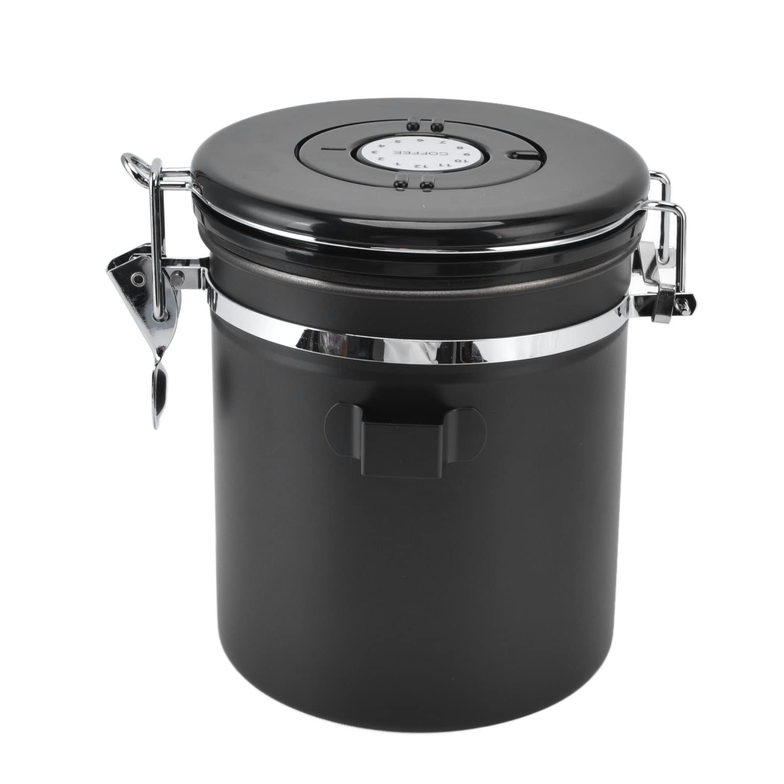 Premium Stainless Steel Coffee Canister with CO2-Release Valve - 40oz Large Capacity Airtight Coffee Storage Container with Measuring Scoop - Keeps Coffee Fresh for Kitchen, Office or Camping Use (Black)