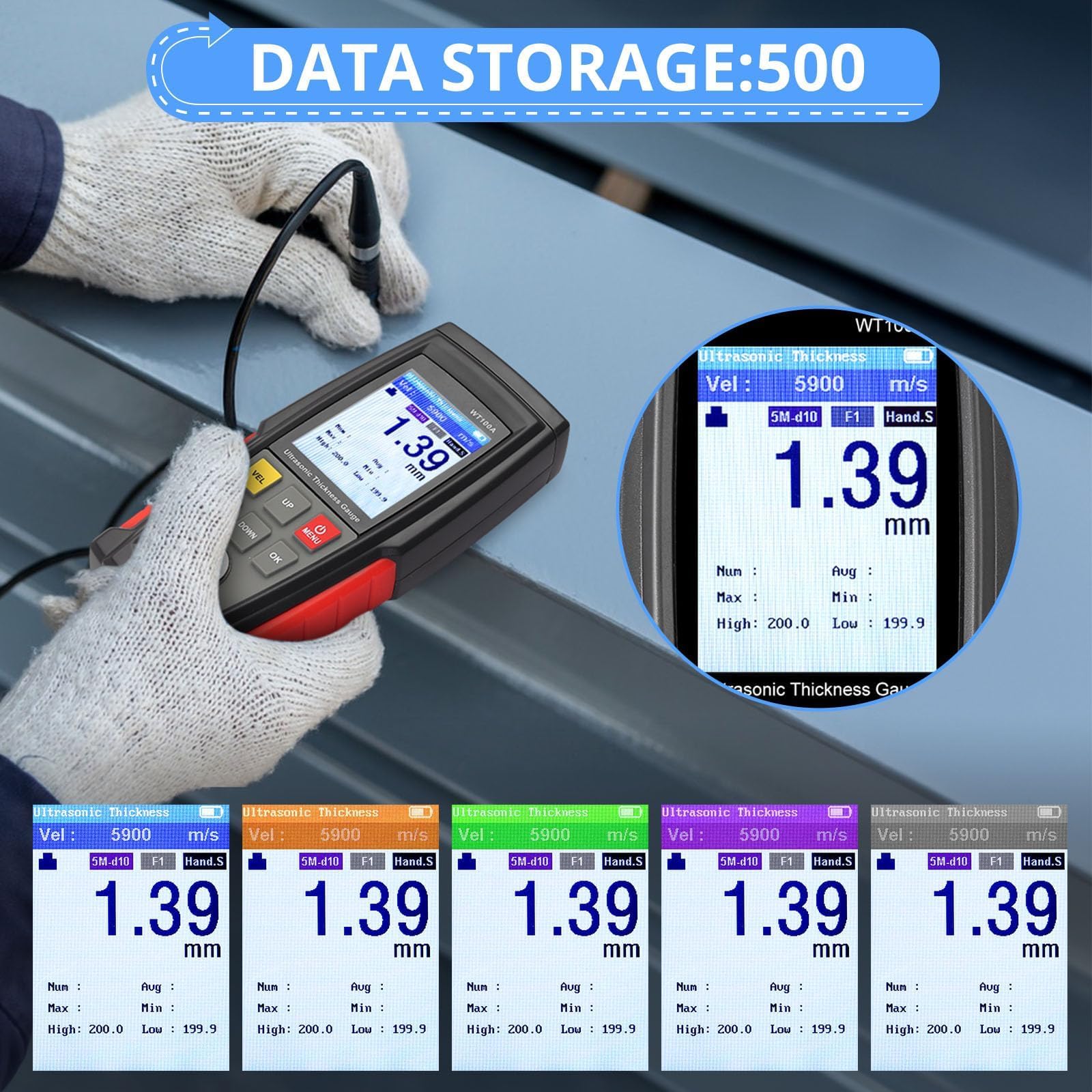 Digital Ultrasonic Thickness Gauge Meter - High Precision Metal Thickness Tester for Steel, Aluminum, Copper Plate with LCD Backlight & Data Storage | Industrial Quality Control, Construction & Automotive Measurement Tool