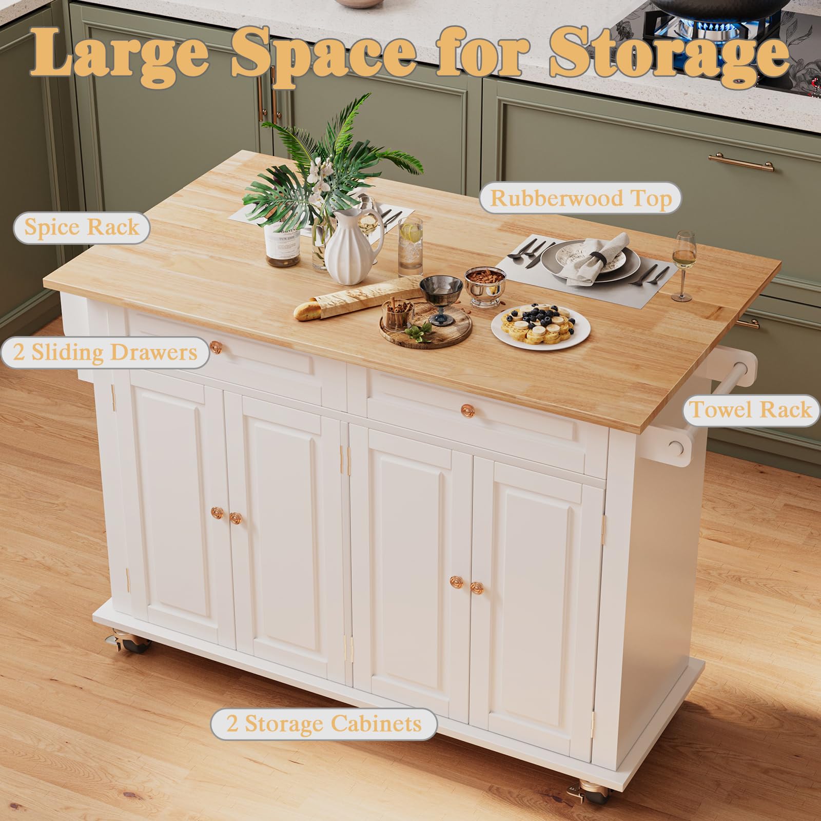 White Rolling Kitchen Island with Drop Leaf - Mobile Kitchen Cart with Storage, Towel Rack & Drawers - Perfect for Small Kitchens, Dining Rooms & Food Prep Areas