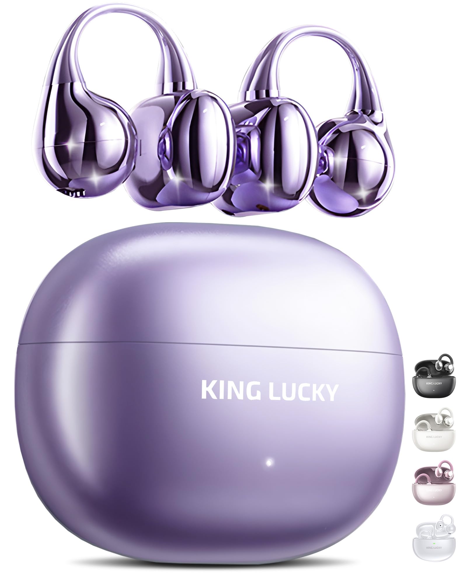 King Lucky Clip-On Open Ear Wireless Bluetooth 5.4 Headphones with Mic - 50H Playtime, Noise Cancelling, IPX5 Waterproof, Secure Fit for Small Ears & Glasses Wearers - Ideal for Running, Workouts, Gym & Outdoor Sports (Purple)