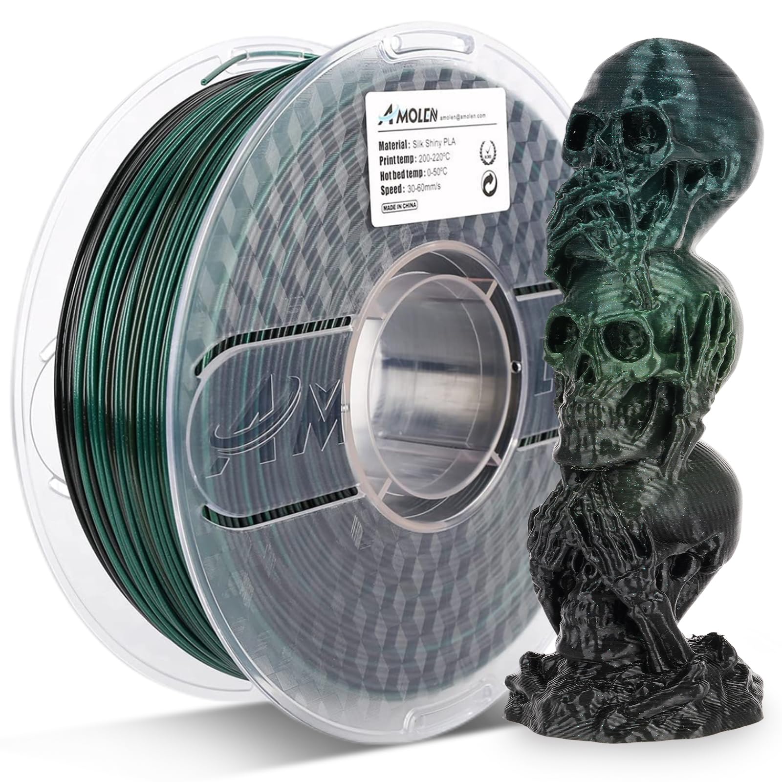 AMOLEN PLA 3D Printer Filament 1.75mm - Silk Black & Shiny Green 1KG/2.2lb Spool - High Quality 3D Printing Material for Cosplay, Home Decor & DIY Projects