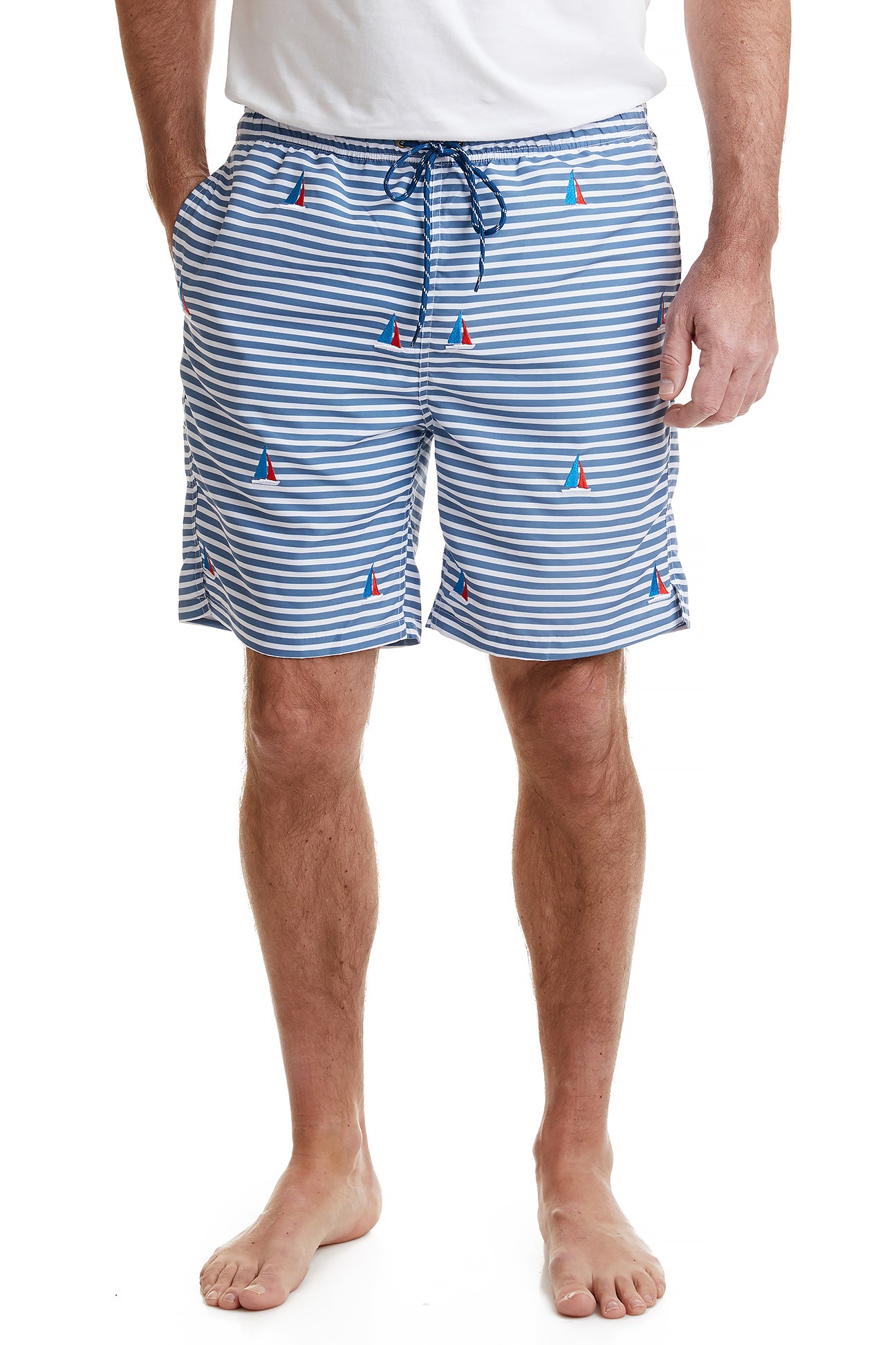 Blue Striped Sandbar Swim Suit with Americana Sailboat Print - Perfect for Beach Vacations, Pool Parties & Summer Getaways