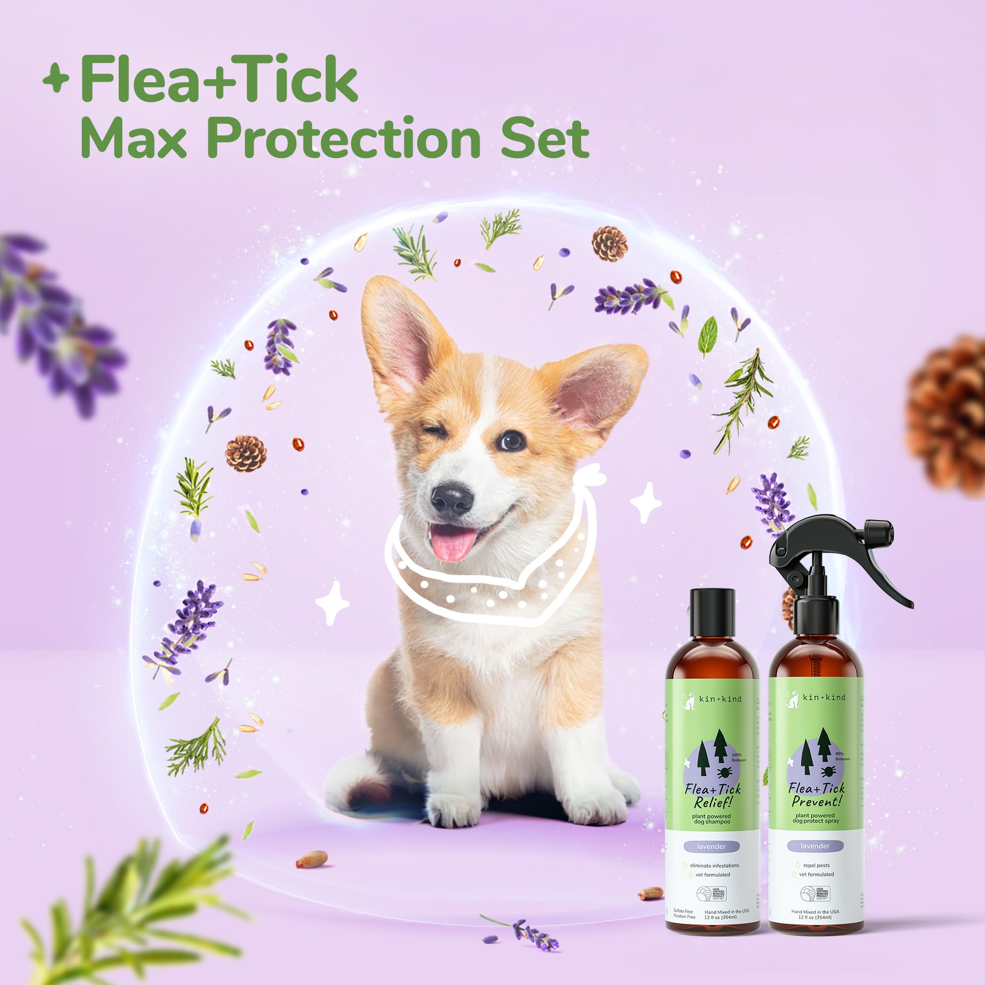 **Kin+Kind Flea and Tick Spray & Shampoo Kit for Dogs – Natural Lavender Scent, 12 oz Each – Flea & Tick Control & Repellent – Perfect for Bathing & Outdoor Protection**