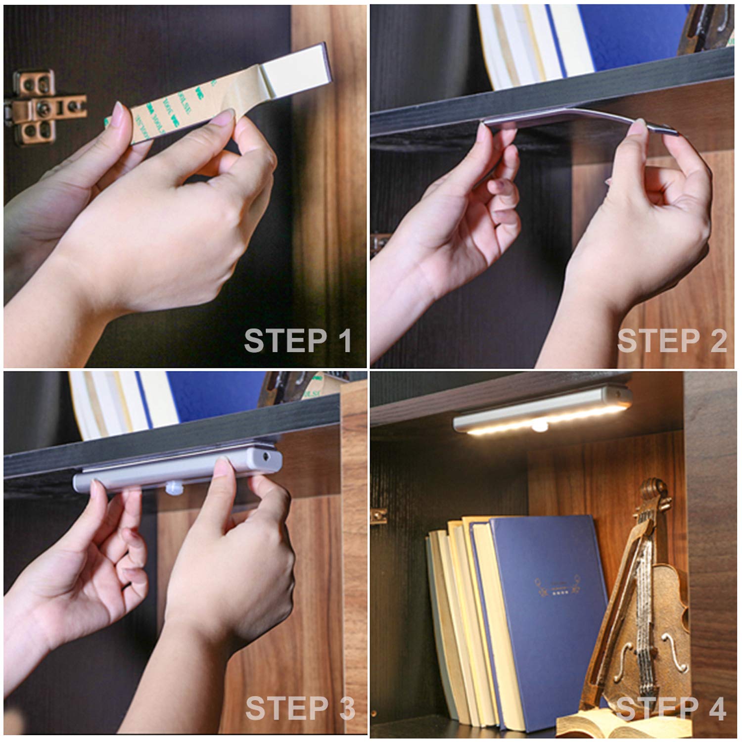 6 Pack Wireless Remote Control Under Cabinet Lights - 20-LED Dimmable Rechargeable Closet & Counter Lights, Stick-On Touch Night Light Strip Bar for Kitchen, Stairway, Bedroom (3 Color Options) - Perfect for Nighttime Safety & Ambient Lighting