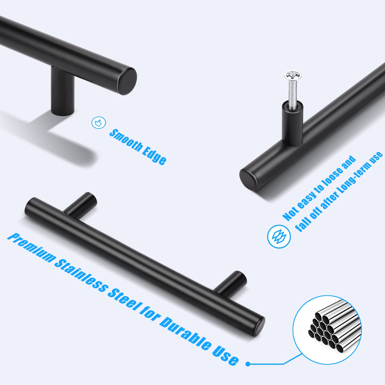 KNOBWELL 12 Pack 4 Inch Matte Black Cabinet Pulls - Stainless Steel Drawer Handles for Kitchen & Bathroom (6-2/5