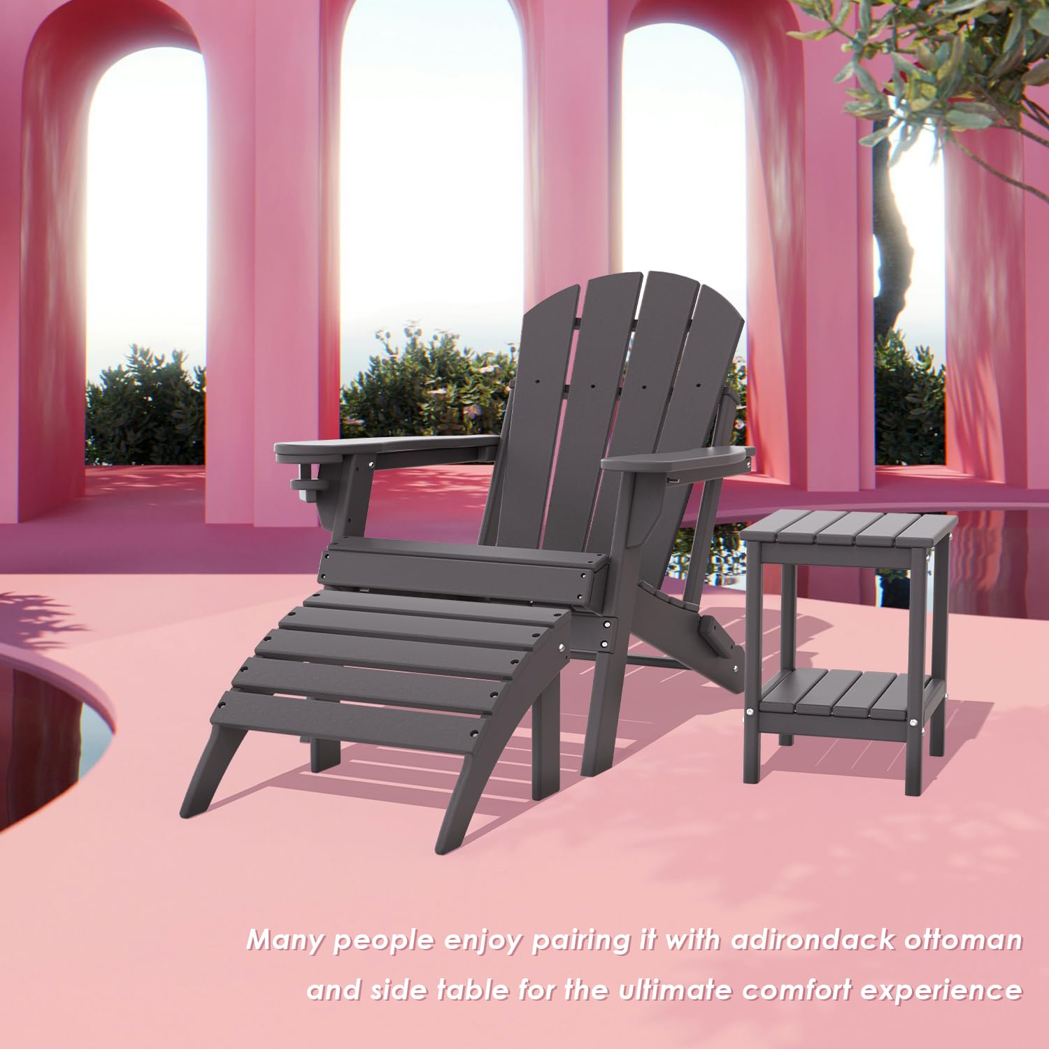 IVY&LANE 2-Pack Folding Adirondack Chairs - Weather-Resistant HDPE Plastic Outdoor Chairs with Cup Holders (Grey) - Perfect for Patio, Deck, Poolside, Garden & Beach Relaxation