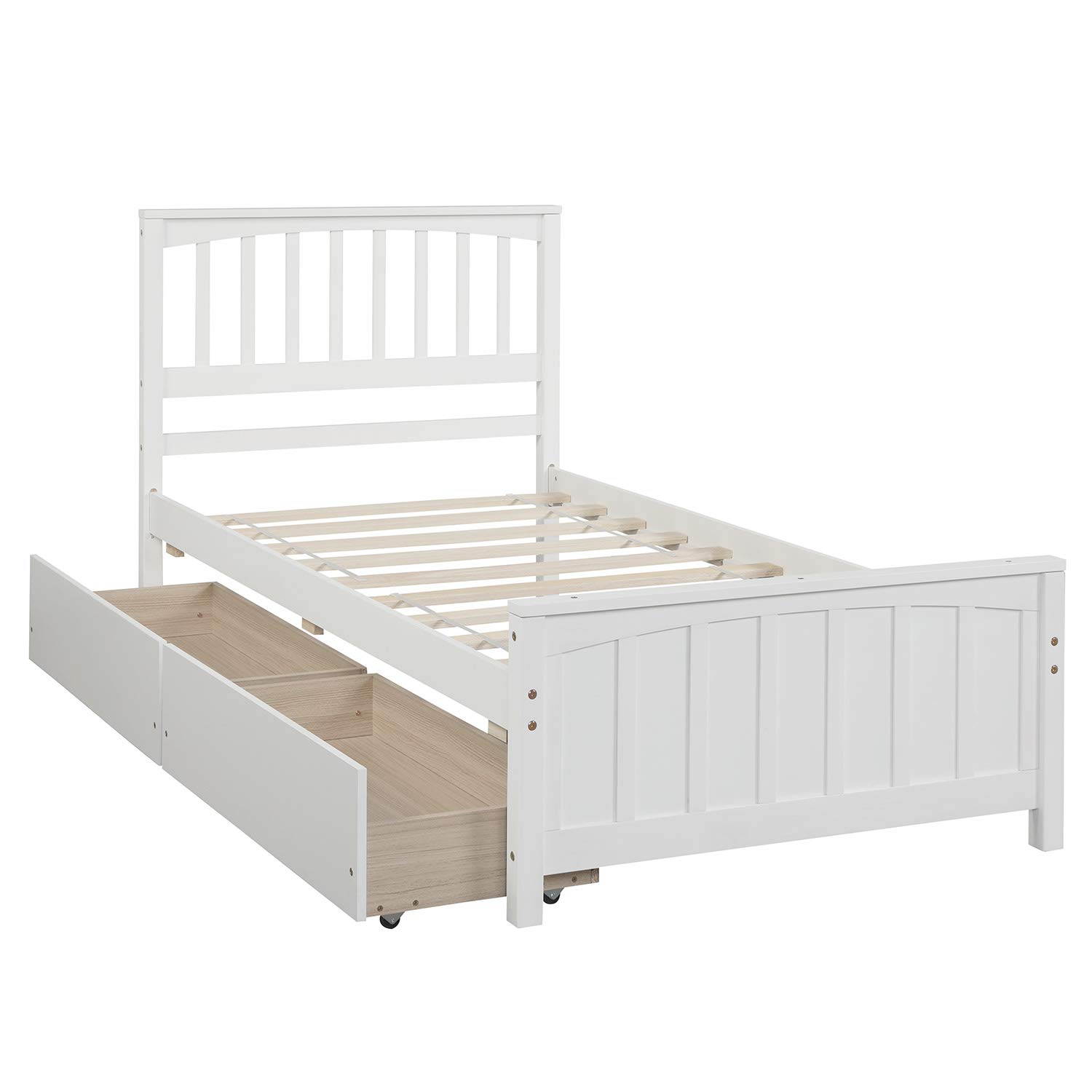 **Twin Size Solid Wood Platform Bed Frame with 2 Storage Drawers & Headboard - No Box Spring Needed - Kids Bedroom Furniture (White) | Perfect for Small Spaces & Guest Rooms**