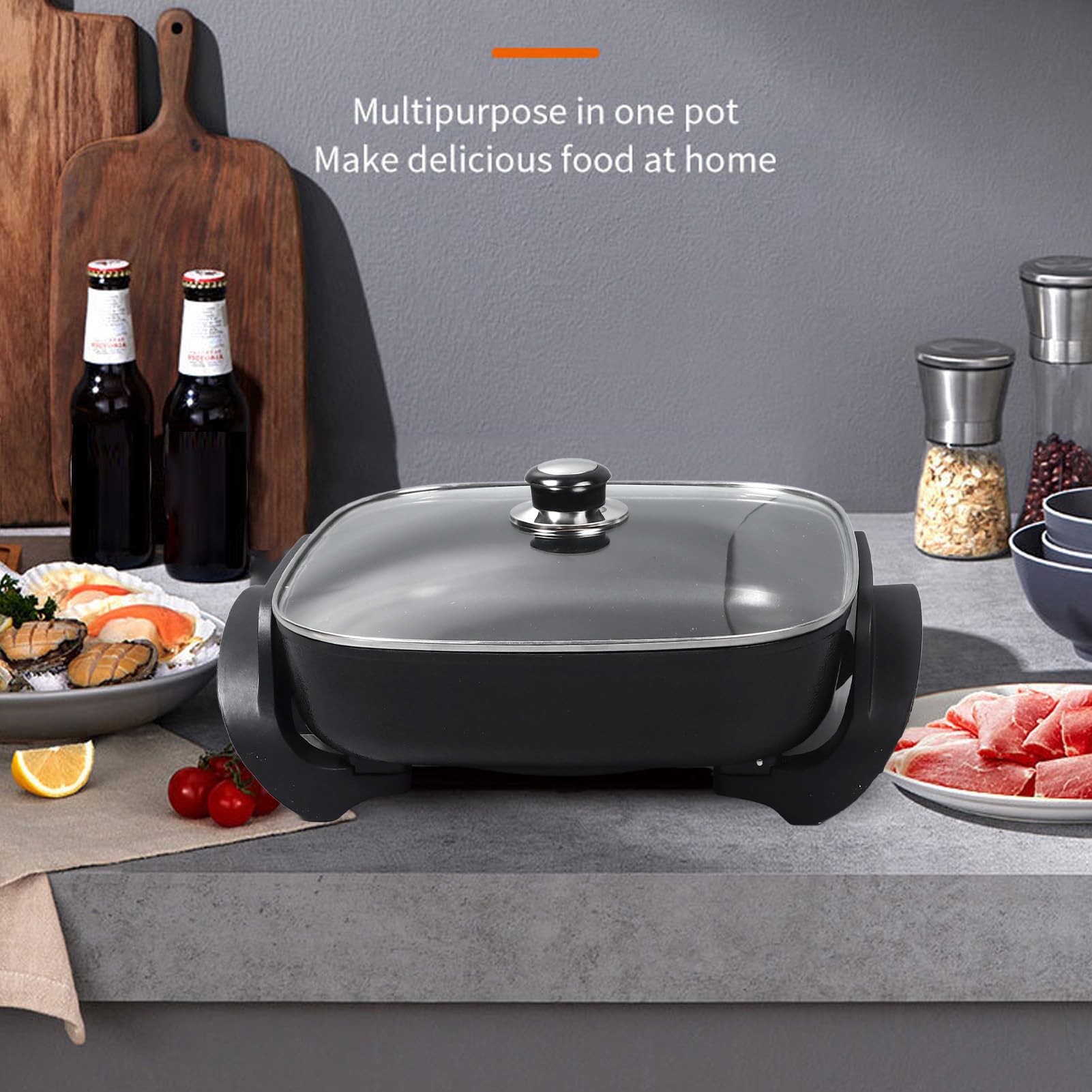 Non-Stick Electric Frying Pan with Transparent Lid - 12 Inch Large Capacity, Fast Heating, 110V US Plug for Home Kitchen | Perfect for Pancakes, Stir Fry & Family Cooking