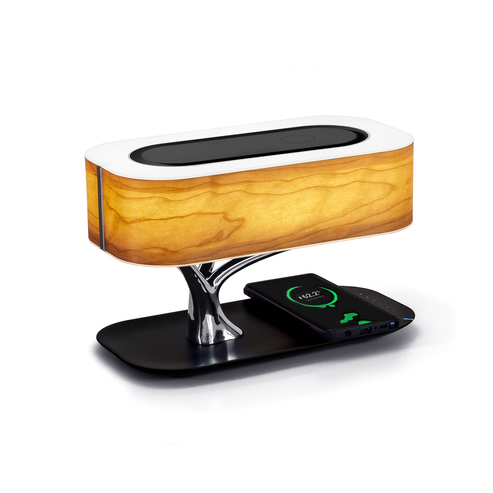 AMPULLA Masdio Bluetooth Speaker Bedside Lamp with Wireless Charger - Adjustable Dimmable Table Lamp for Bedroom, Desk, Nightstand - Sleep Mode & Stepless Dimming for Relaxation & Reading
