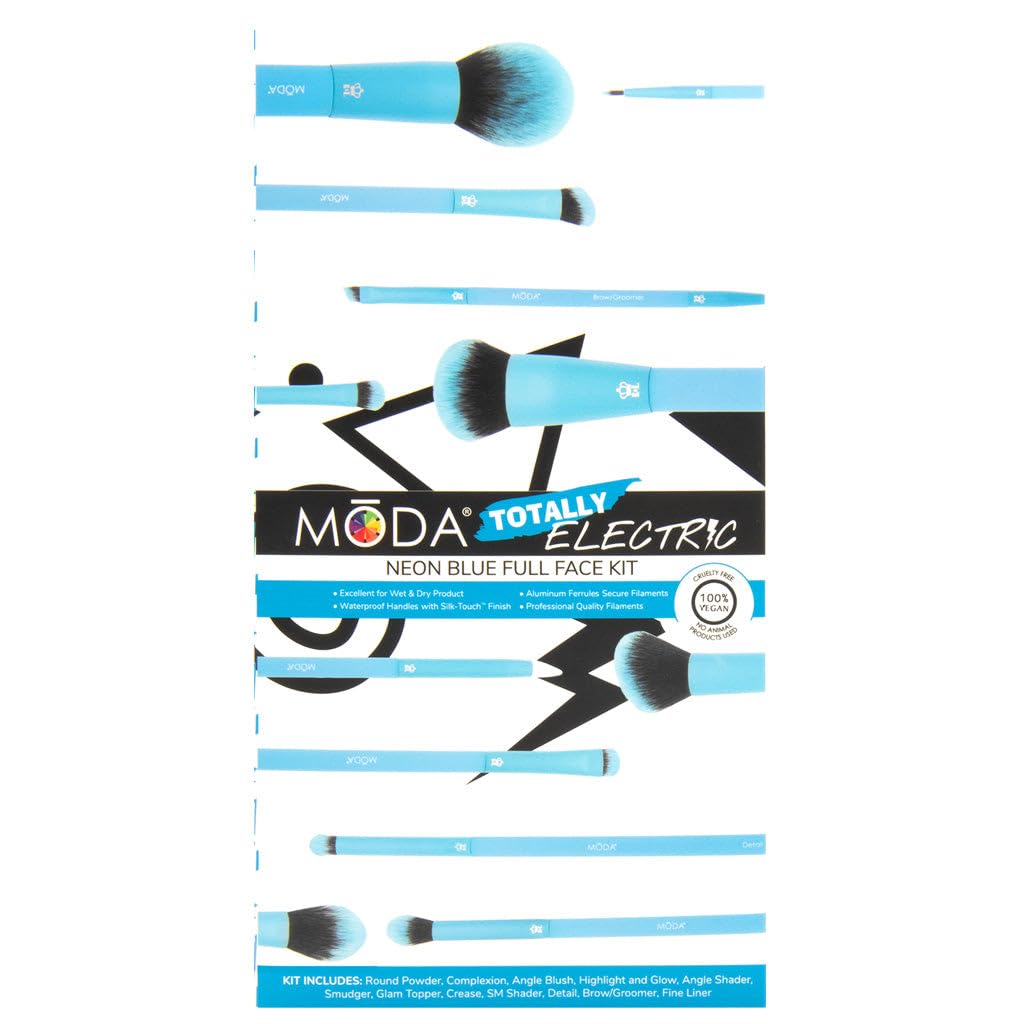 MODA Totally Electric 13-Piece Professional Makeup Brush Set - Powder, Blush, Foundation, Eyeshadow & Blending Brushes with Travel Case (Neon Blue) - Perfect for Makeup Artists, Beginners & Travel Beauty Essentials