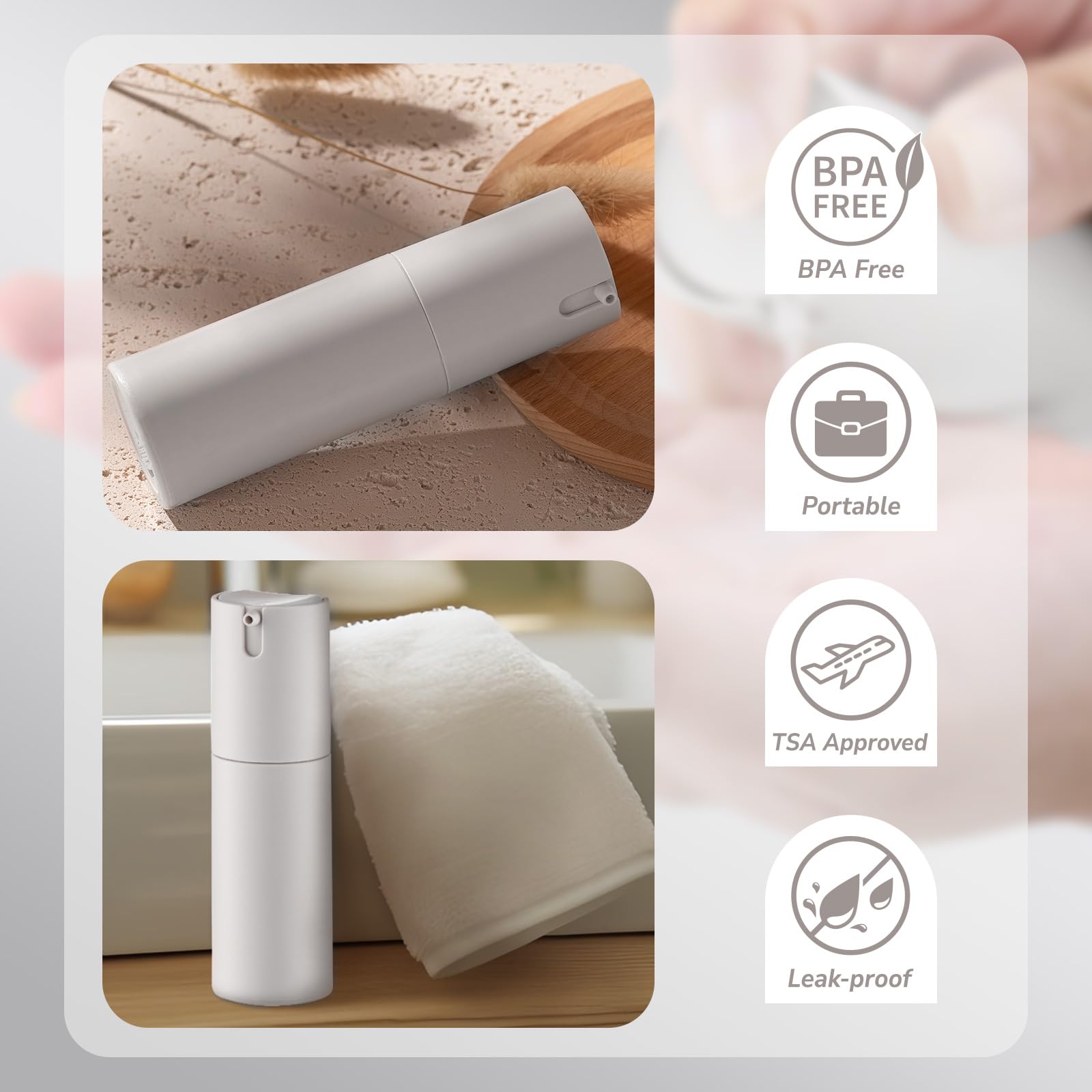 1 oz Airless Pump Bottles for Travel - Leak-Proof Lotion Dispenser, Mini Shampoo Containers & Vacuum Cream Jars (Gray Plastic) - Perfect for Toiletries, Skincare & Cosmetics On-The-Go