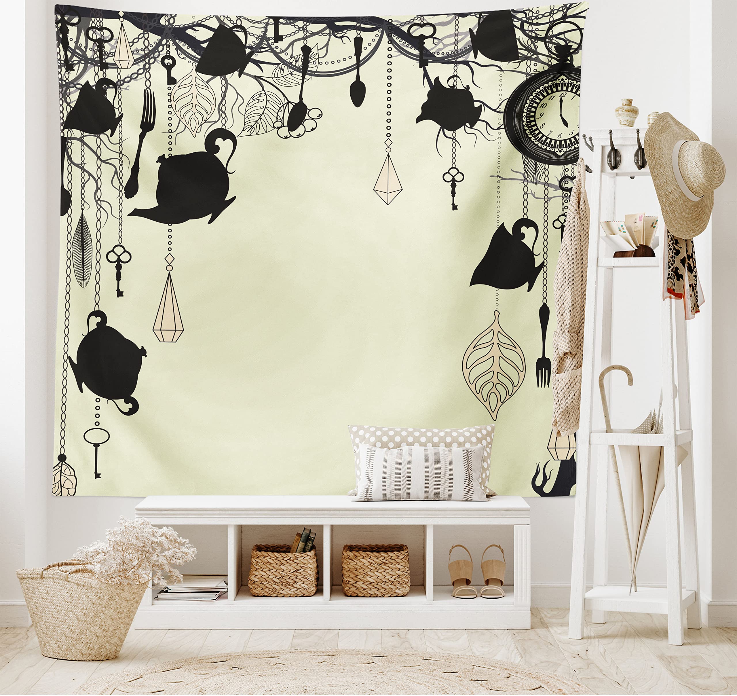 Ambesonne Vintage Tea Party Tapestry - Antique Decor Wall Hanging with Feathers, Forks, Spoons & Tree Branch Design (80x60 Inches) - Perfect for Bedroom, Living Room & Dorm Decor | Black & Avocado Green | Boho Home Decor & Party Backdrop