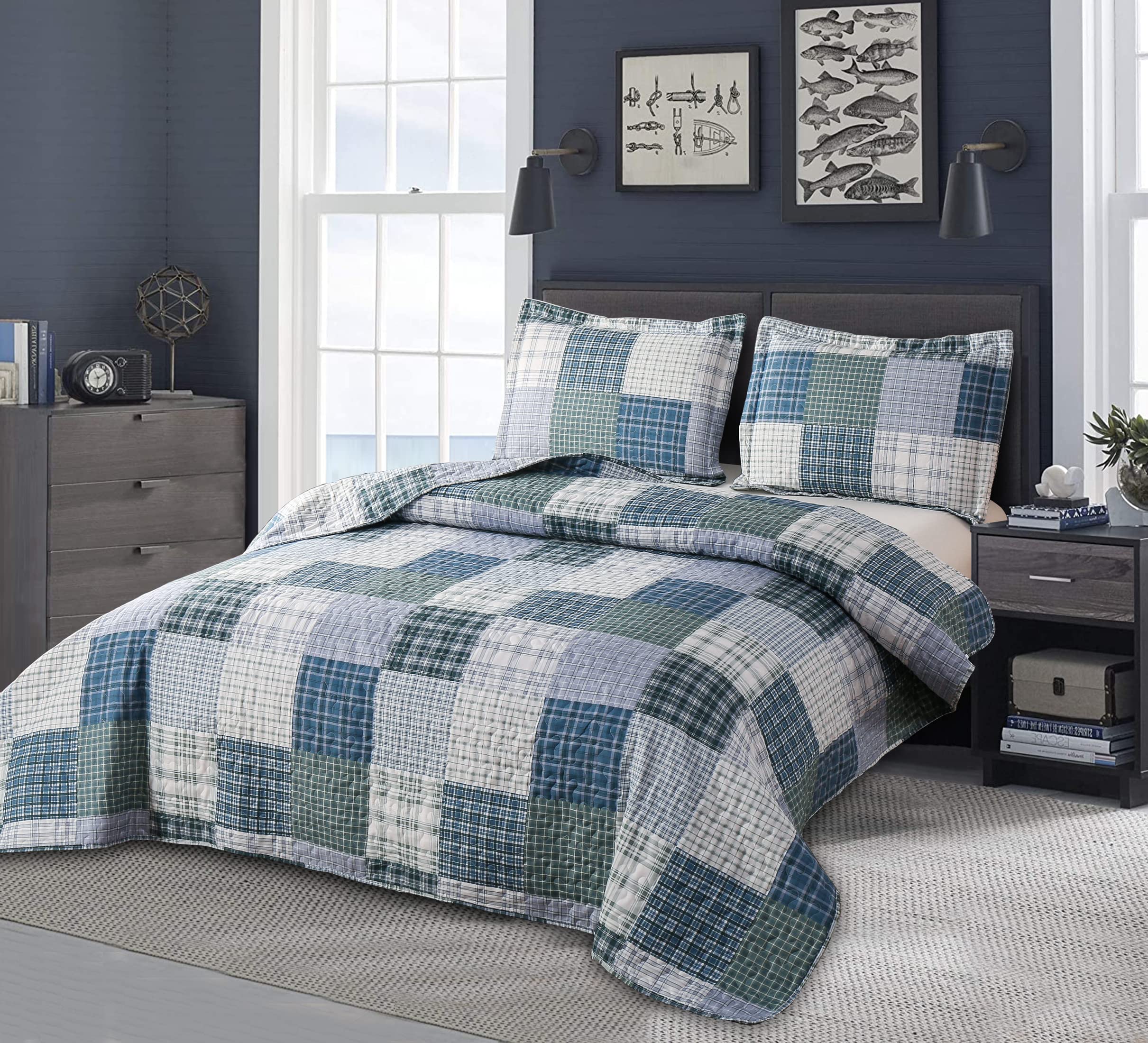 Queen Size Reversible Plaid Quilt Set - Lightweight Soft Patchwork Bedspread Coverlet with 2 Pillow Shams | Modern Home Bedding for Men & Boys | Cozy Bedroom Decor for All Seasons