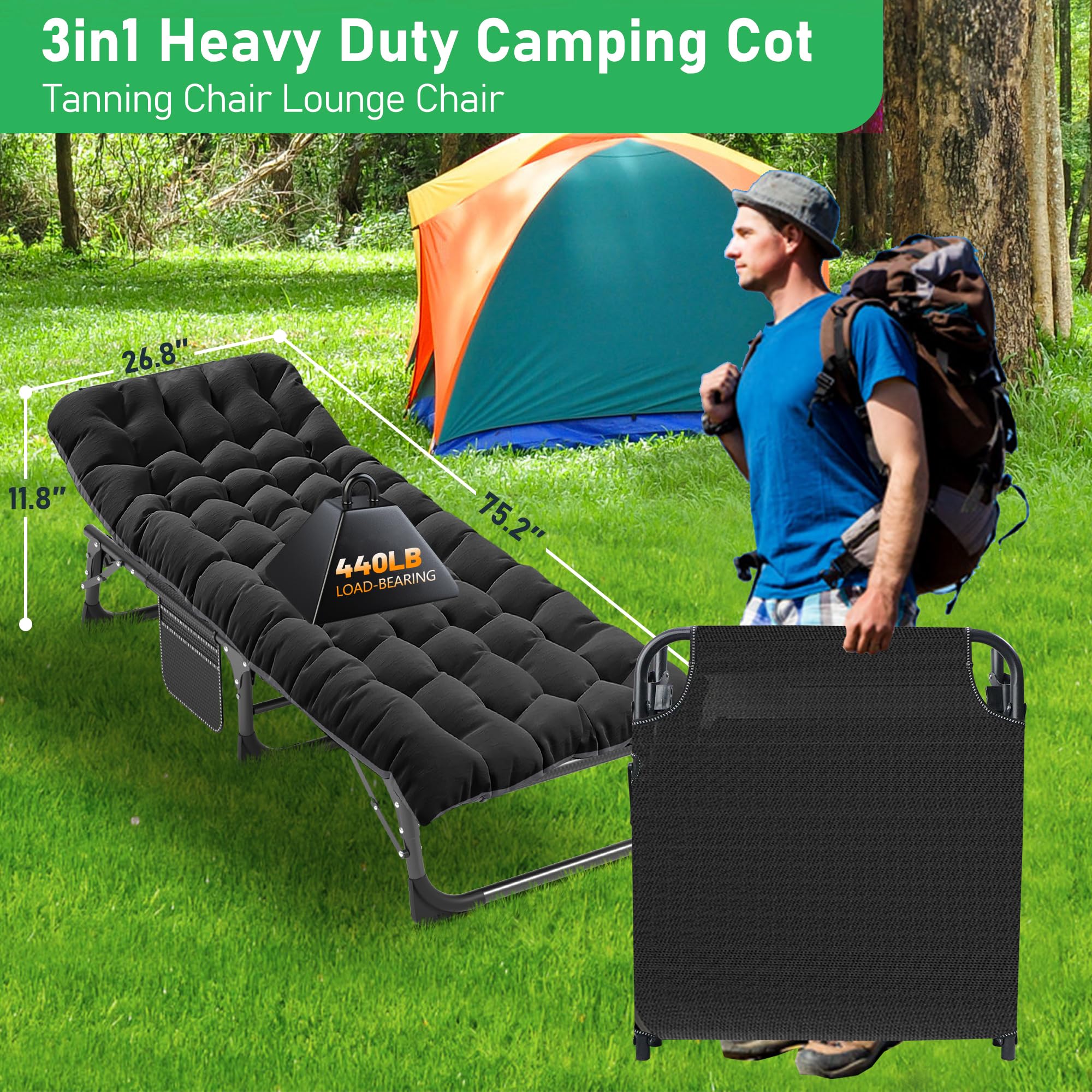 ABORON Heavy Duty Folding Camping Cot for Adults - 3-in-1 Adjustable Guest Bed with 1200D Double-Layer & Mattress - Portable with Carrying Bag - Perfect for Home, Office, Camping, Travel & Emergency Use