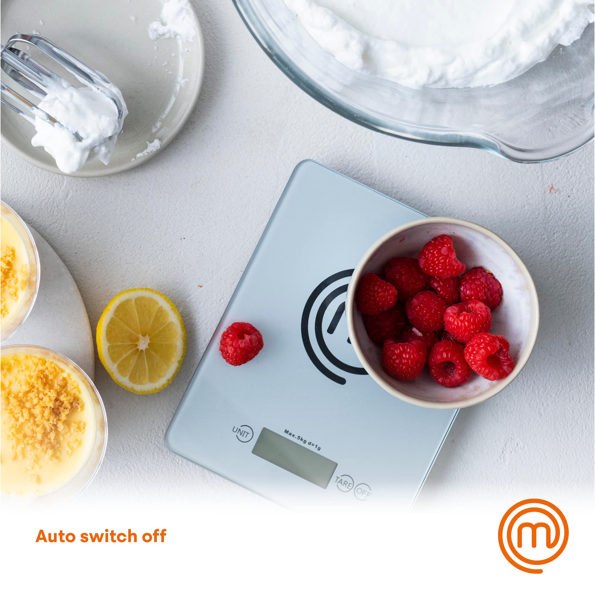MasterChef Digital Kitchen Scale - Precision Food Scale in Grams & Ounces with LCD Display, 0.1oz Accuracy, 11lb Capacity, Tempered Glass Platform - Perfect for Baking, Cooking, Meal Prep & Portion Control