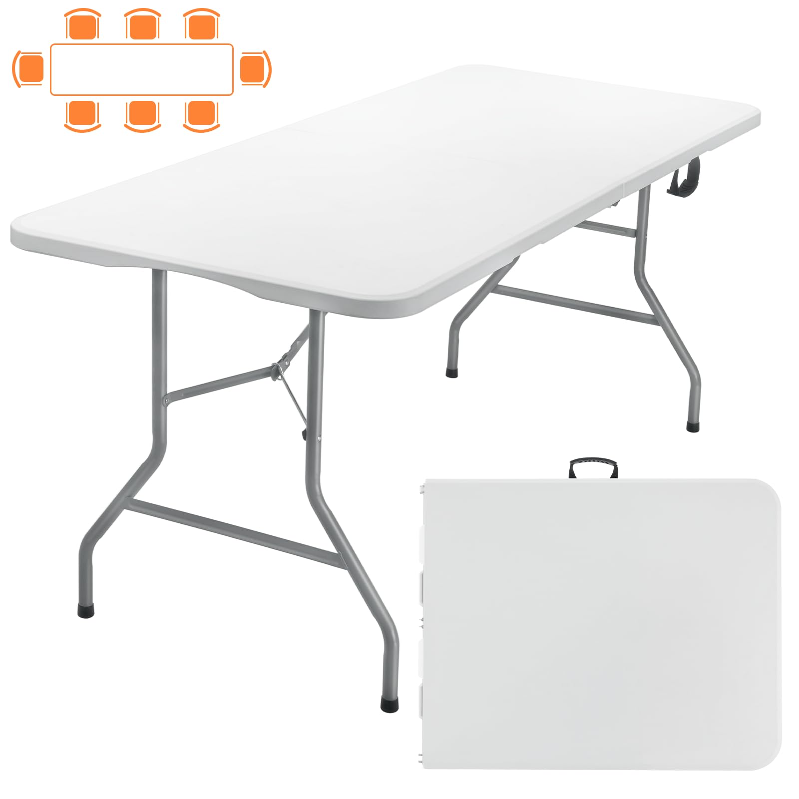 SKOK 330lbs Heavy Duty Folding Picnic Table 8FT - Portable White Plastic Utility Table with Carry Handle for Tailgating, Parties, Camping & Outdoor Events - Commercial Craft Table with Sturdy Metal Frame