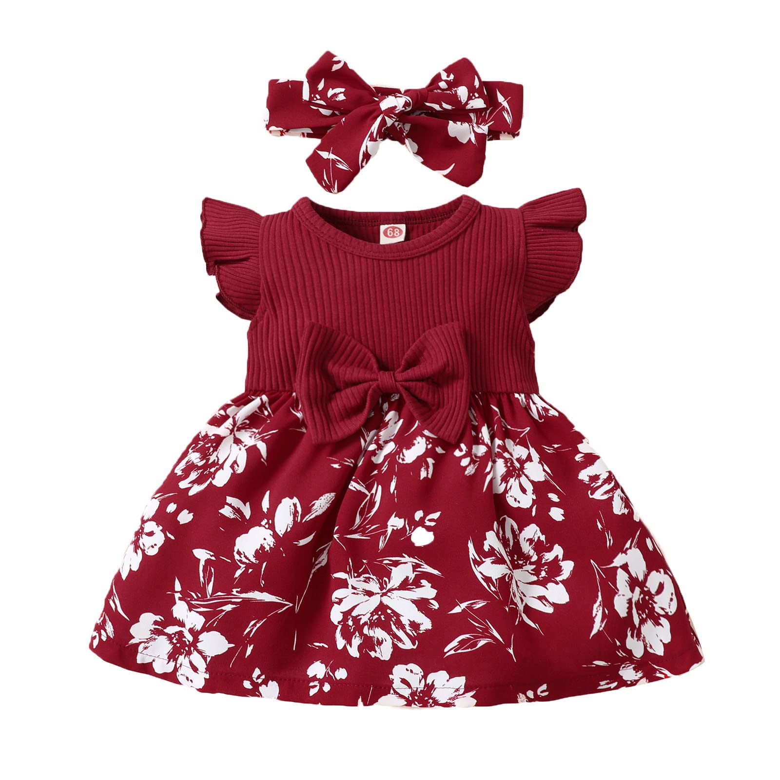 Toddler Girls Summer Dress with Ruffles, Fly Sleeves & Floral Print - Ribbed Bowknot Princess Dress & Headband Set for Outdoor Play, Birthday Parties & Photo Shoots