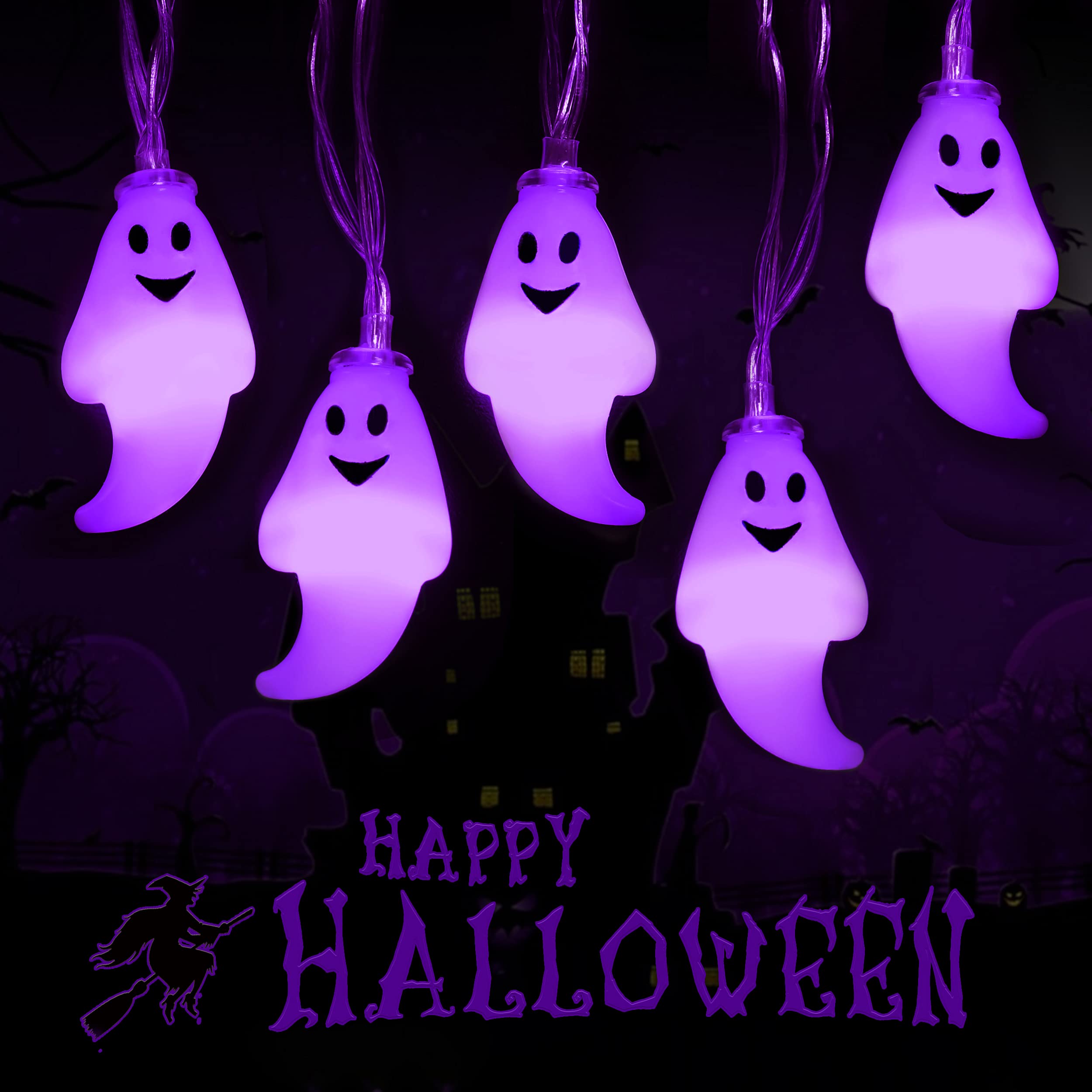 JMEXSUSS 30 LED Halloween String Lights - Battery Operated Purple Ghost Lights for Indoor & Outdoor Decor - Perfect for Halloween Party, Porch, Fireplace, Yard, and Haunted House Decorations