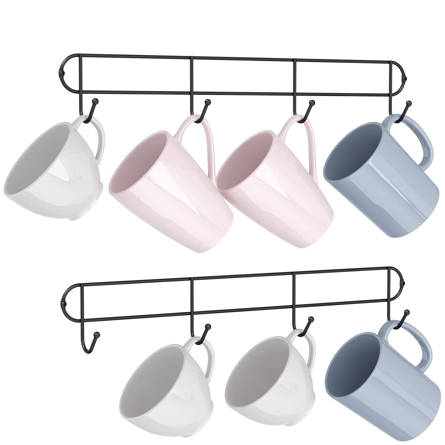 Wall Mounted Coffee Mug Rack - Rustic Farmhouse Mug Holder with Hooks for Kitchen, Tea Cup Organizer, Black (Set of 2) - Perfect for Small Space Storage & Coffee Bar Decor