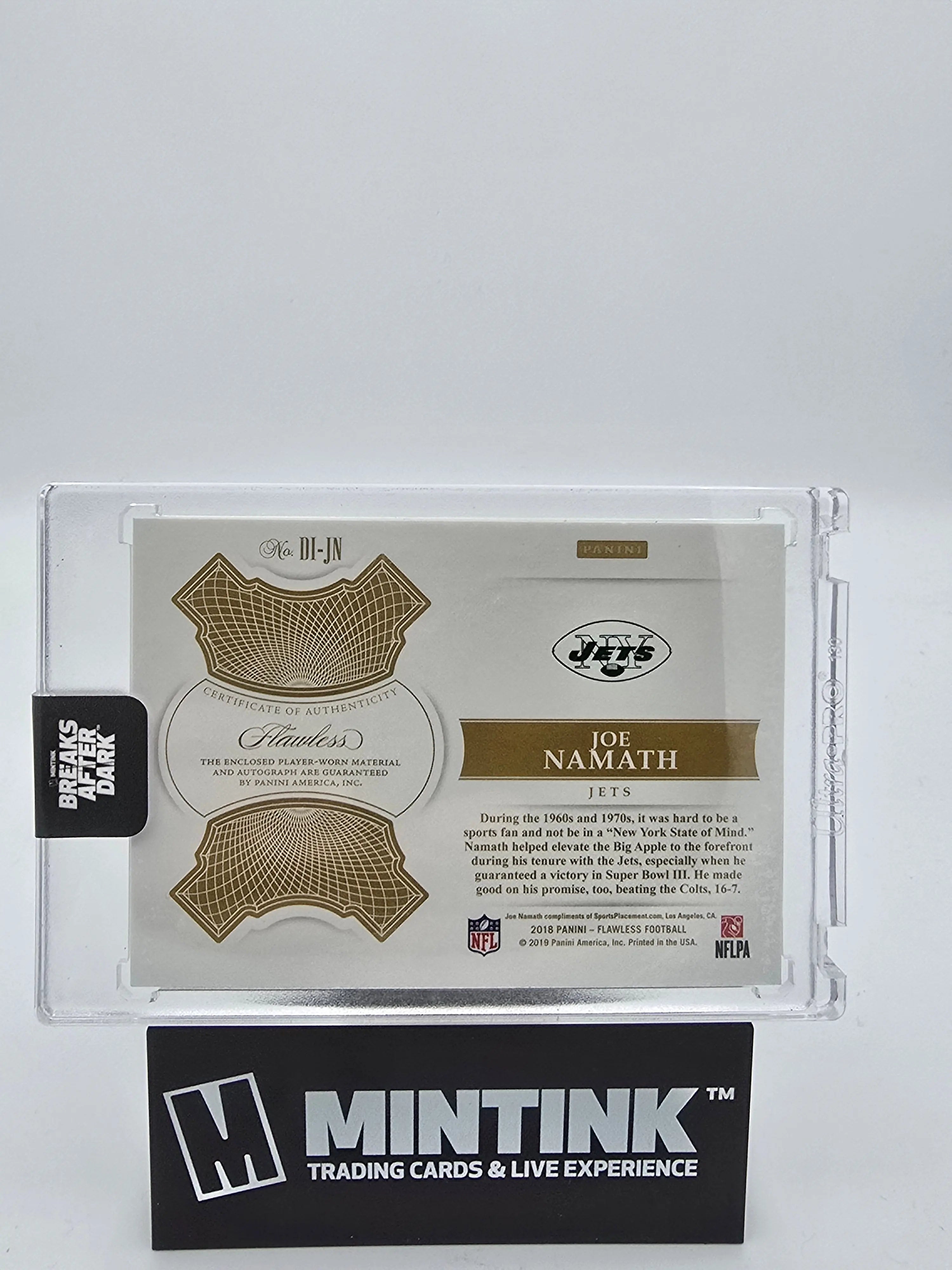 2018 Panini Flawless Football Joe Namath Distinguished Patch Auto Sapphire 2/3 #DI JN - Rare Collectible Trading Card for Sports Memorabilia & Investment Collection