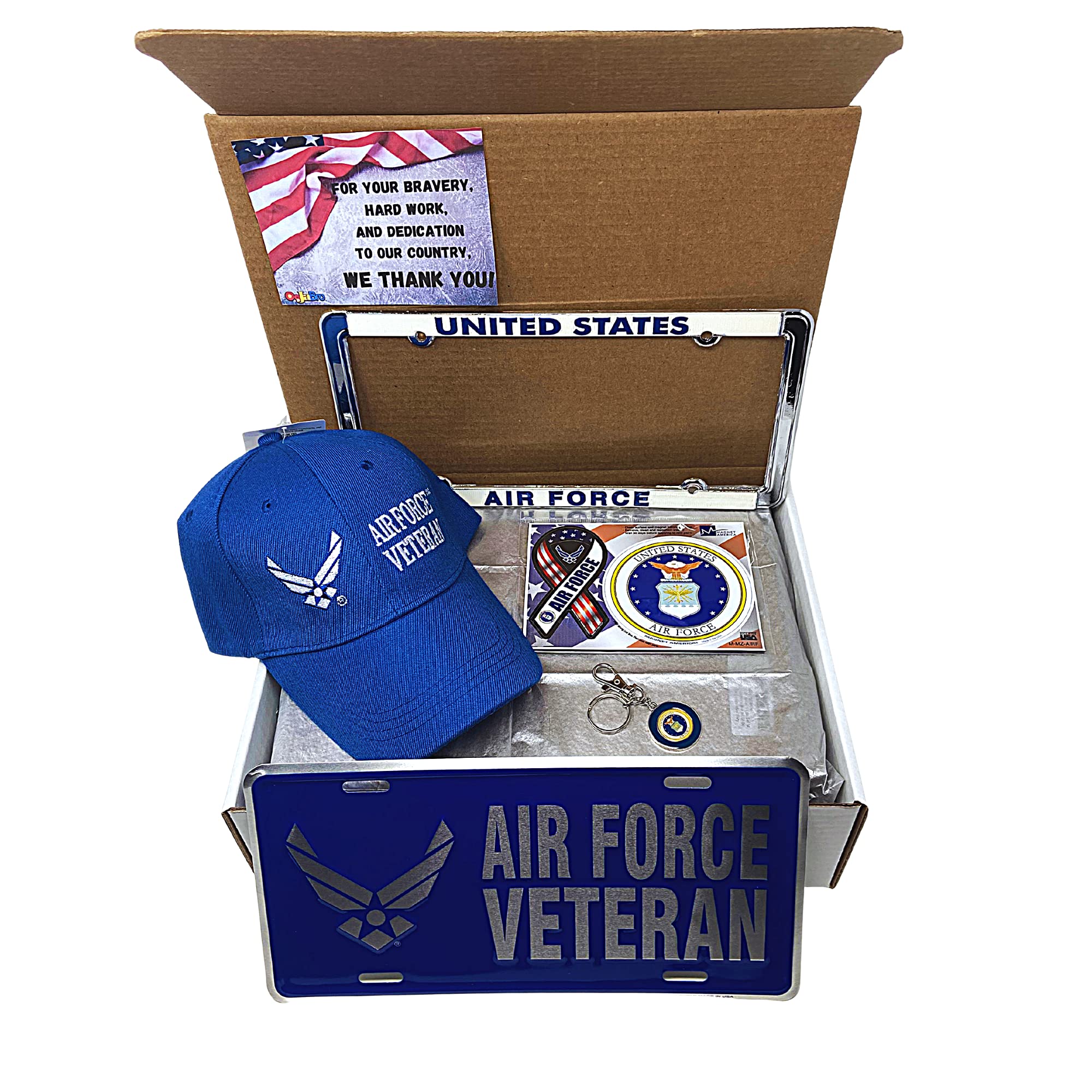 US Air Force Veteran Gift Set - USAF Veteran Hat, License Plate Frame, Cover, Military Decal Magnets & Keychain | Perfect for Veterans Day, Military Appreciation & Patriotic Home Decor