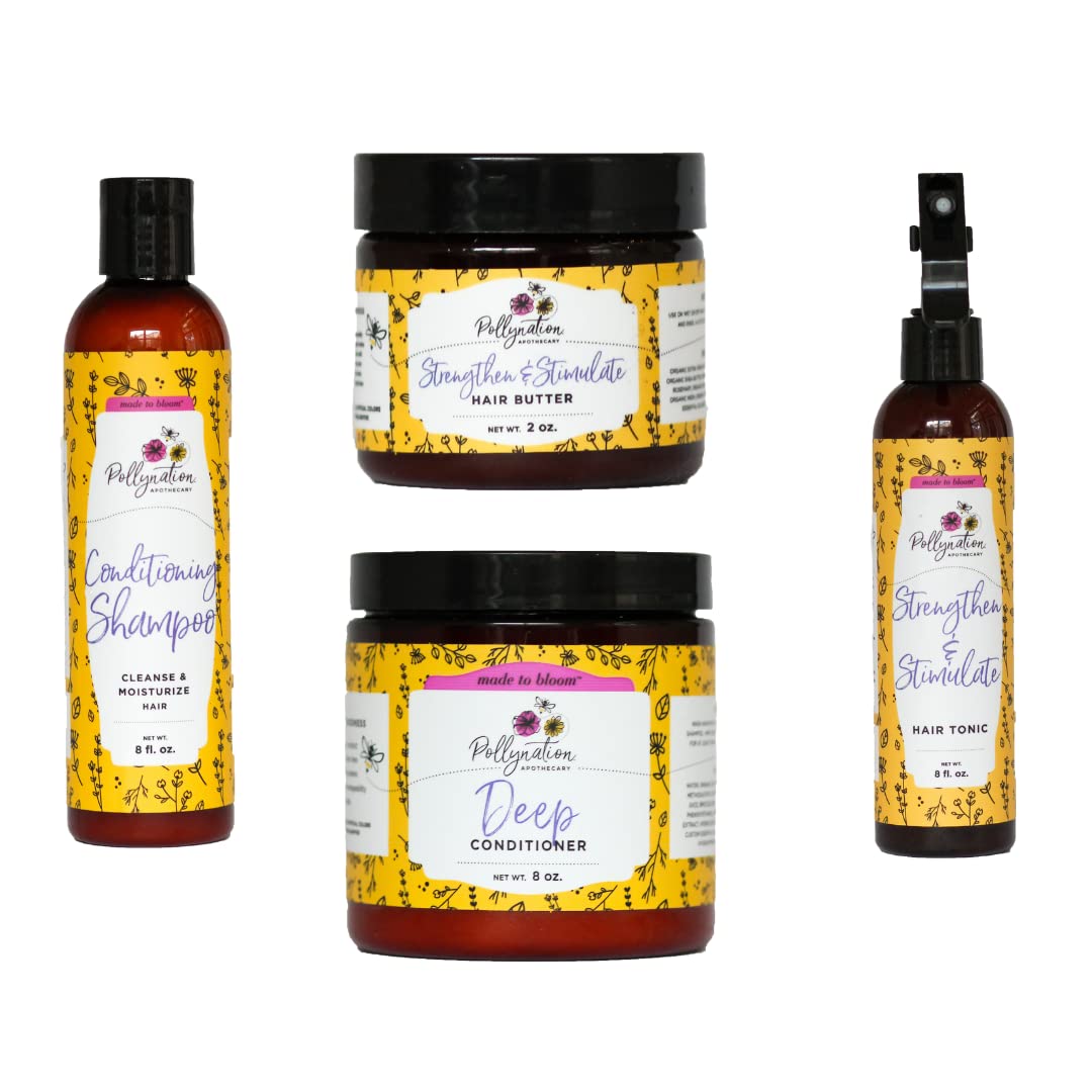 Pollynation Hair Growth Set - Nourishing Shampoo (8 oz), Deep Conditioner (8 oz), Strengthening Hair Butter (2 oz), Revitalizing Hair Tonic (8 oz) for Hair Growth & Repair - Perfect for Thinning Hair, Damaged Hair & Scalp Care - At-Home Hair Treatment for Women & Men