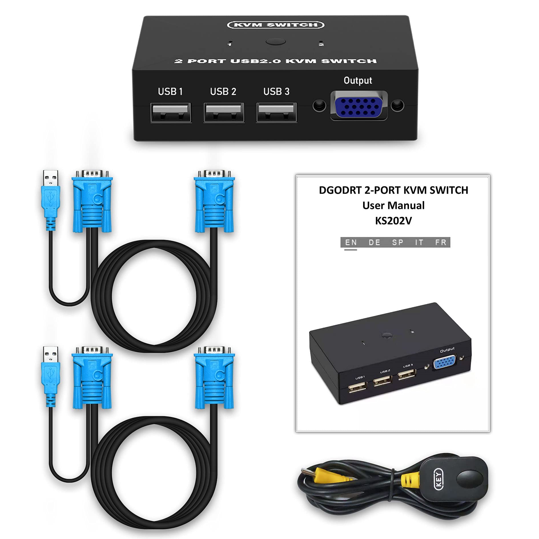 2 Port VGA KVM Switch - Share 1 Monitor & 3 USB Devices (Mouse/Keyboard/Scanner/Printer) with Included Cables | Ideal for Home Office & Multi-PC Workstations