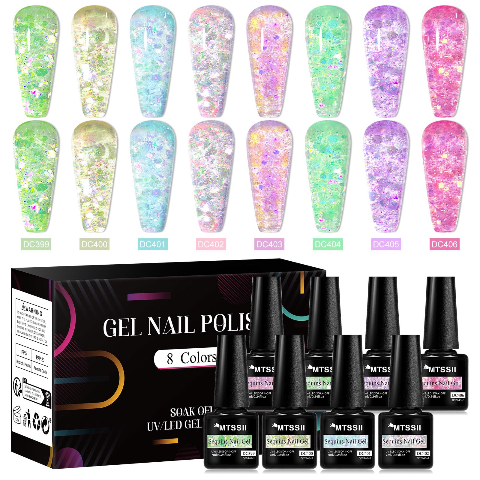 MTSSII 8Pcs Jelly Glitter Gel Nail Polish Set - Pink Blue Green Purple for DIY Nail Art at Home