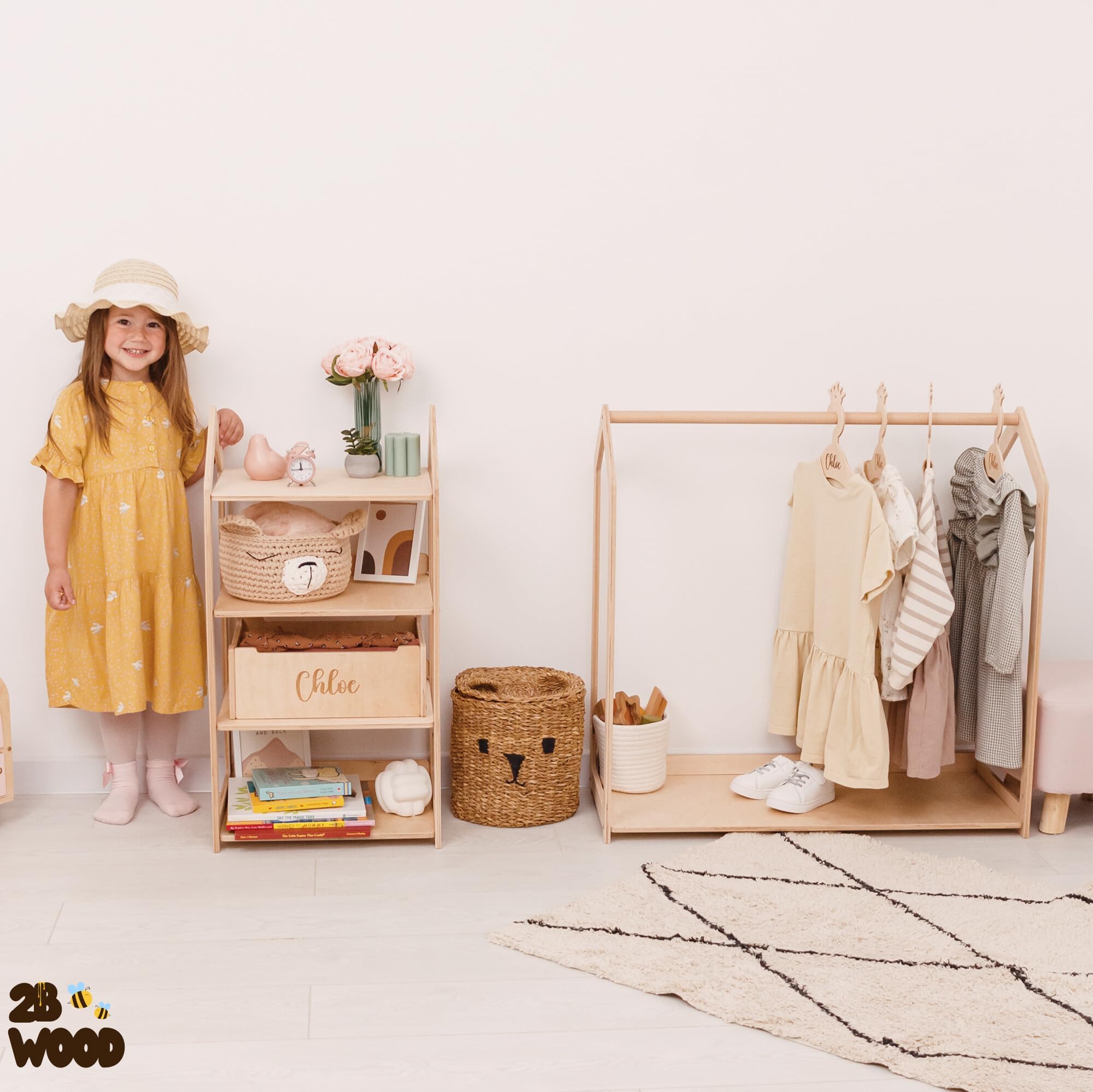 Personalized Kids Clothes Rack - Adjustable Toddler Wardrobe Organizer for Boys & Girls | Montessori Closet Shelf for Baby Clothes Storage | Perfect for Bedroom, Nursery & Playroom Organization