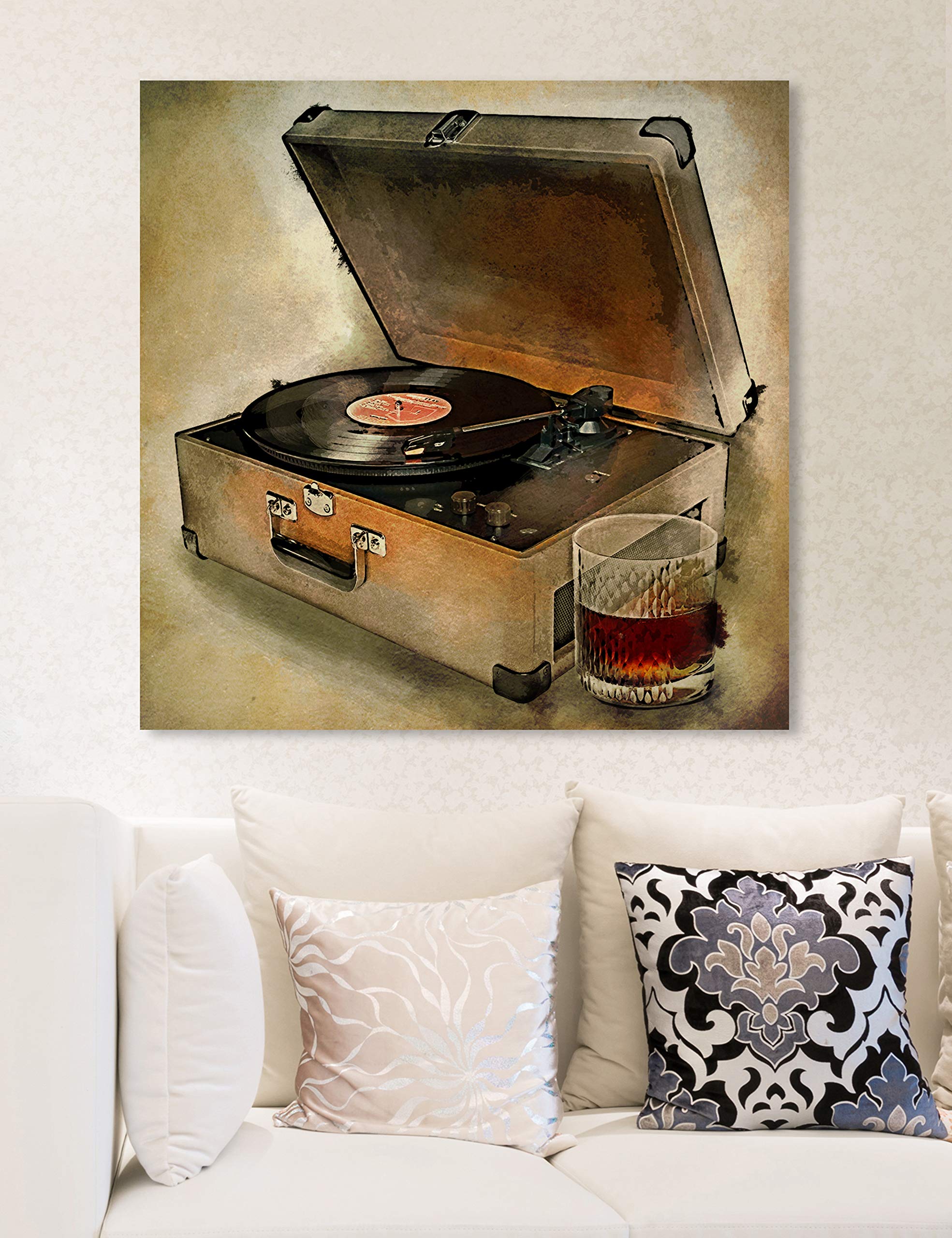 Oliver Gal Artist Co. 'Drink to The Tunes' Music Wall Art Canvas Print - 24x24 Inches Brown & White Home Decor - Perfect for Living Room, Bedroom & Bar Decorations