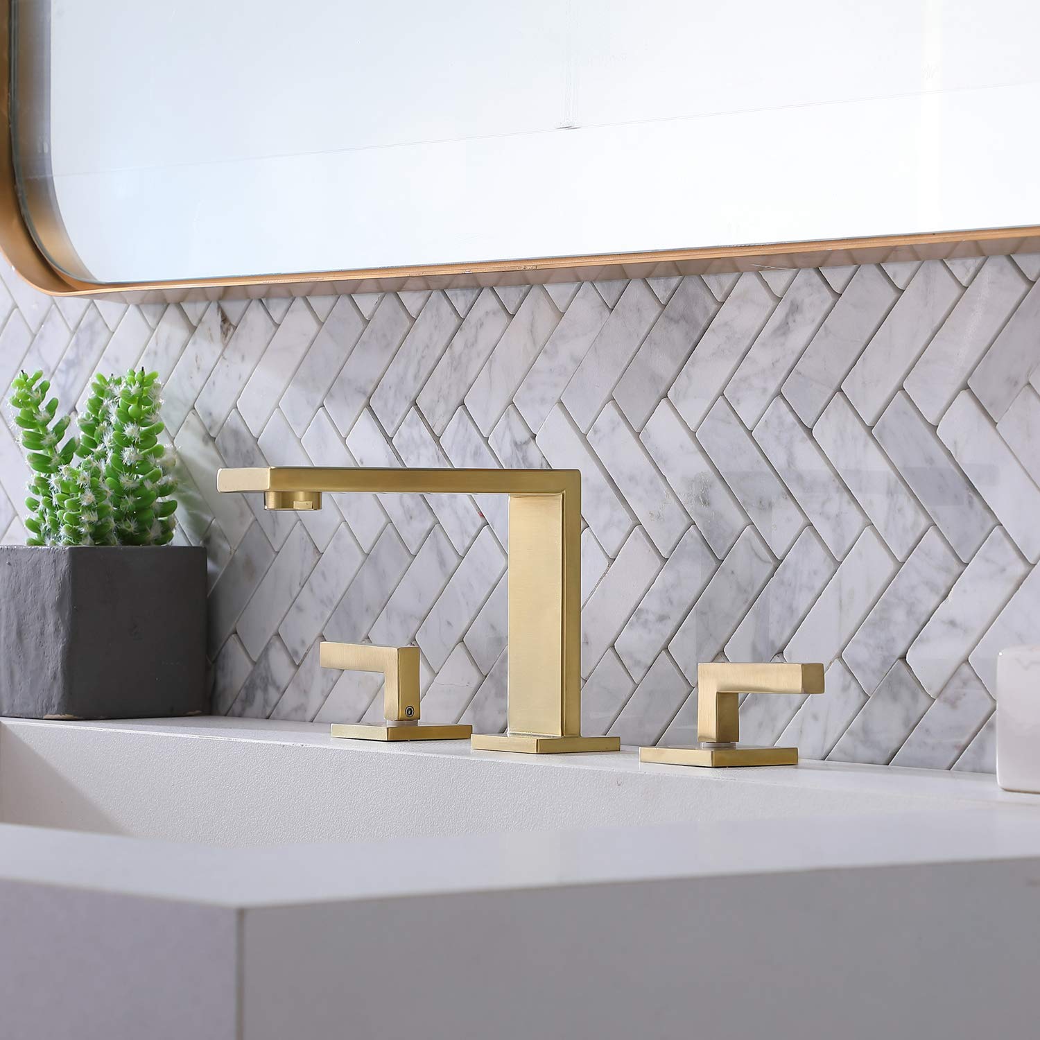 Premium Brushed Gold Bathroom Faucet - Modern 2-Handle 3-Hole Widespread Design - Solid Brass Construction with Water Supply Lines - Perfect for Vanity Sinks in Luxury Bathrooms & Commercial Spaces