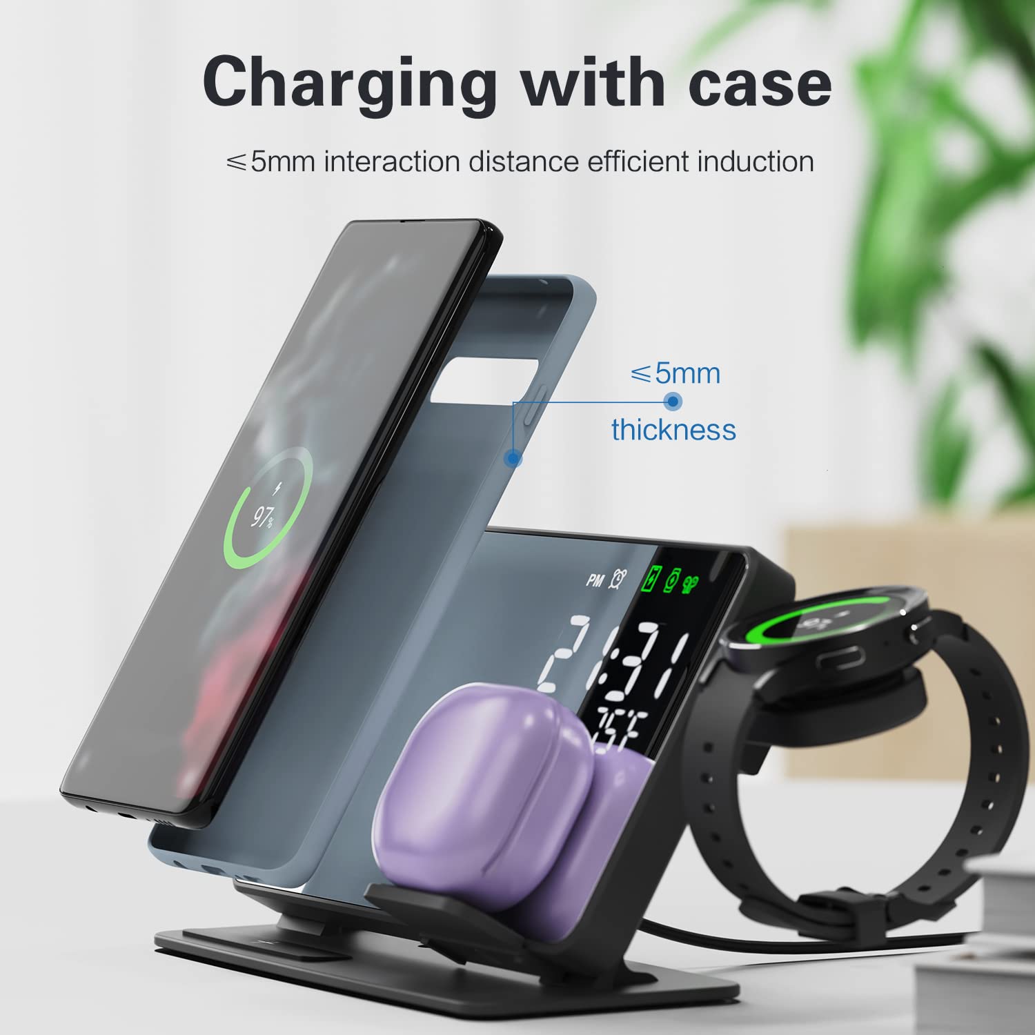 3-in-1 Wireless Charging Station for Samsung Galaxy Watch 6/5/5Pro & Galaxy S24/S23/A15/A55 Phones & Galaxy Buds - Fast Charging Stand with Digital Alarm Clock - Perfect for Bedside, Office Desk & Travel