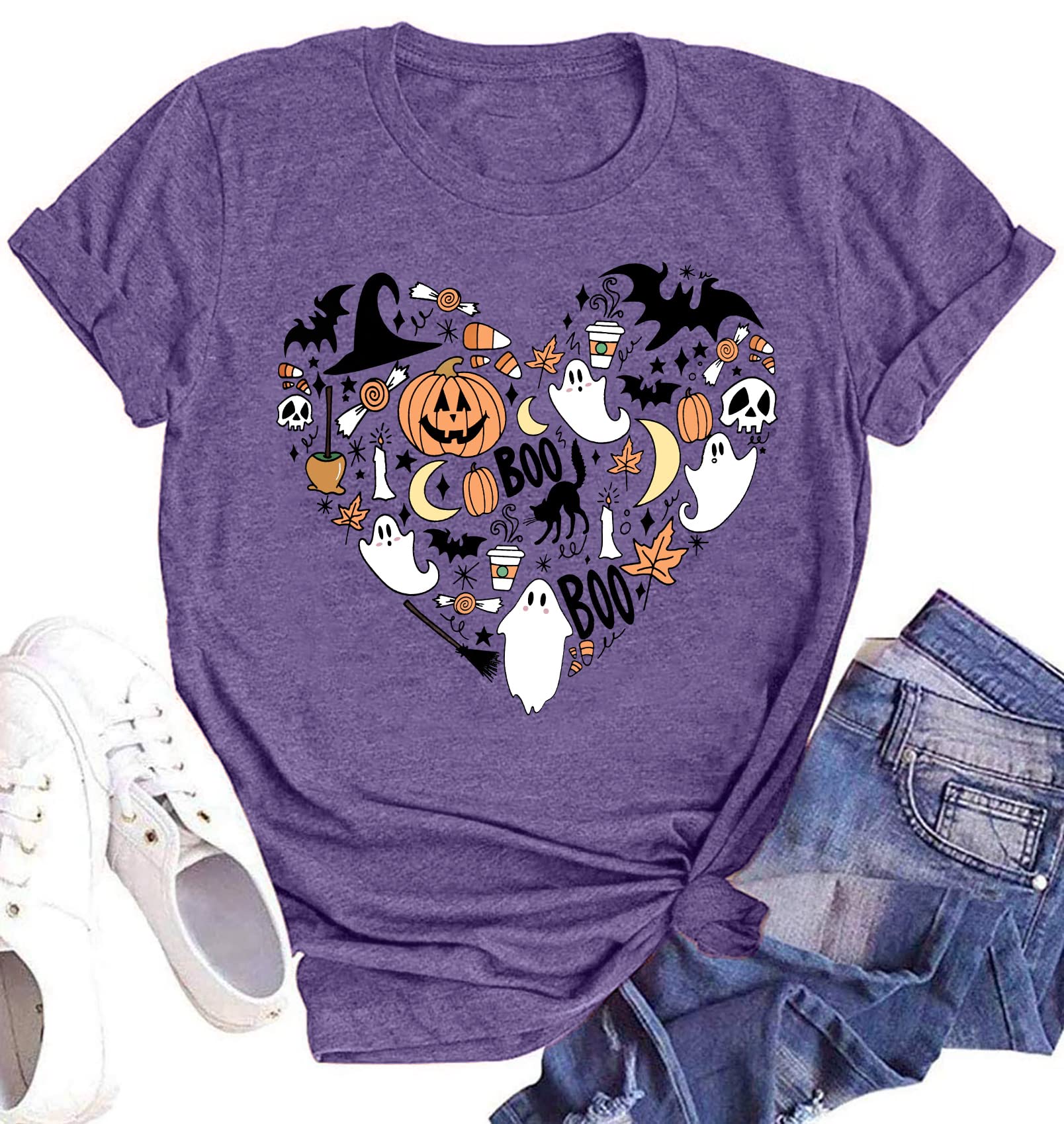 Funny Halloween T-Shirts for Women - Hocus Pocus Pumpkin Heart Graphic Tee Short Sleeve Top | Cute Fall & Halloween Party Outfit