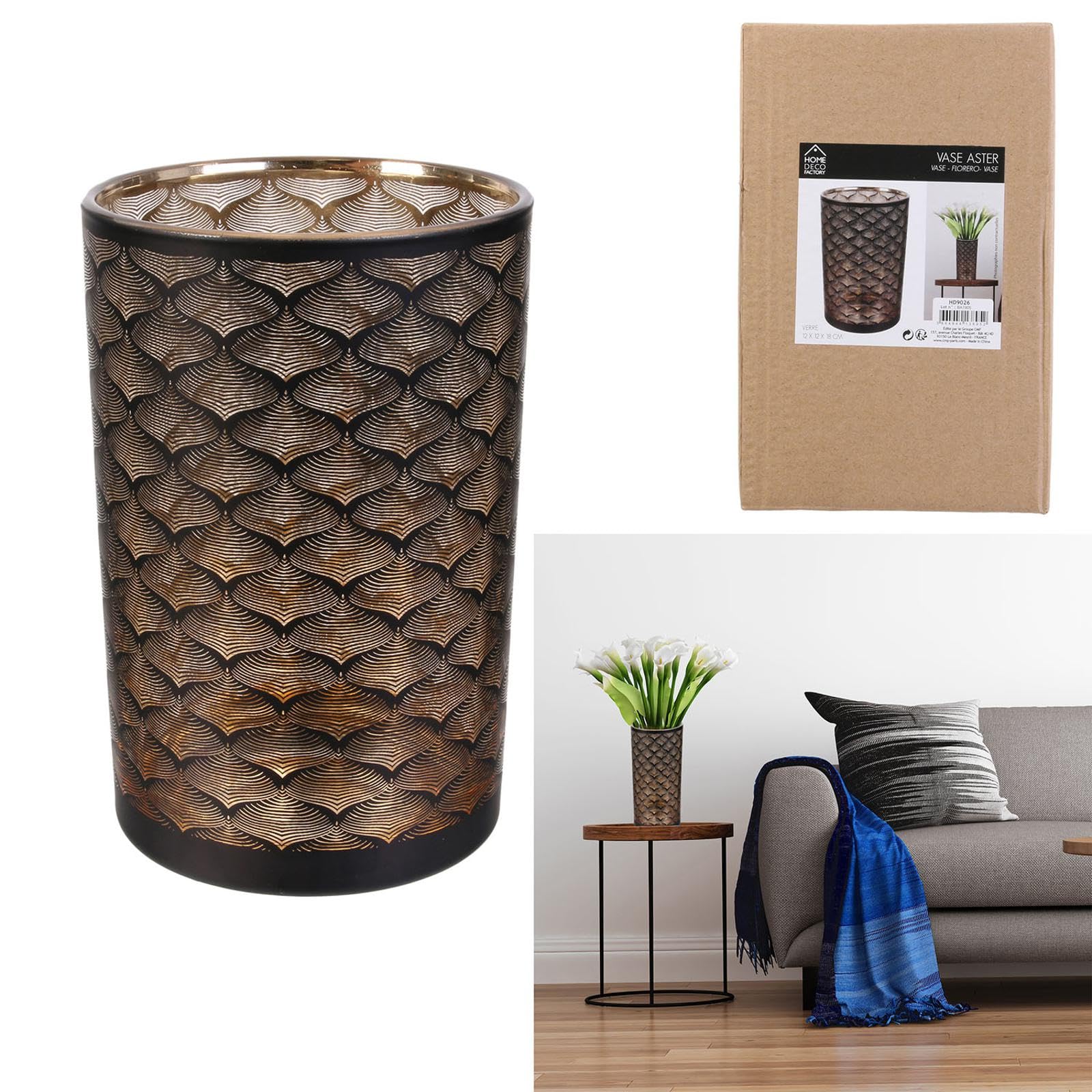 HD9026 Aster Decorative Glass Vase - 20cm Black & Copper Modern Home Decor (12x12x20cm) - Perfect for Centerpieces, Wedding Decor & Living Room Accents