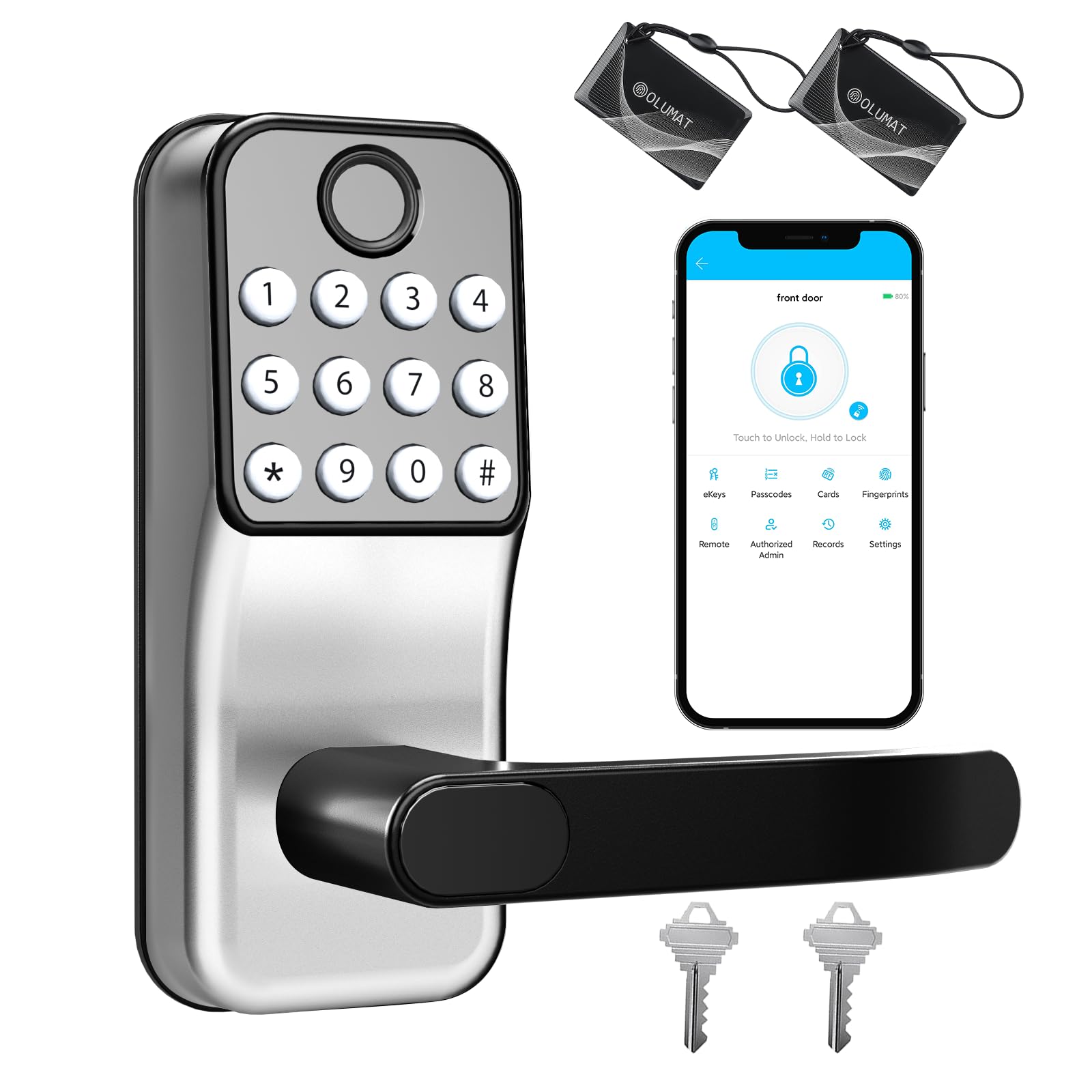 Smart Lock for Front Door - Olumat Keyless Entry Digital Lock with Fingerprint, Keypad & APP Control | Secure Handle Door Lock for Home, Office & Garage | Ideal for Smart Home Security & Hands-Free Access