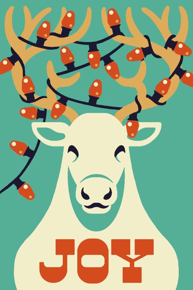 Lantern Press Joy Reindeer Retro Christmas Wrapped Canvas Wall Art - 16x24 Inch Holiday Home Decor for Living Room, Bedroom & Office