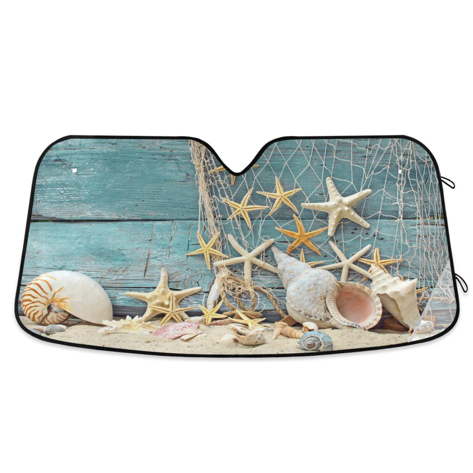 Boccsty Sea Star Seashell Car Windshield Sun Shade - UV Protection for Cars, Trucks & SUVs - Beach Themed Blue Wooden Window Shade - Universal Fit for Men, Women & Baby - Perfect for Beach Trips, Summer Driving & Outdoor Adventures