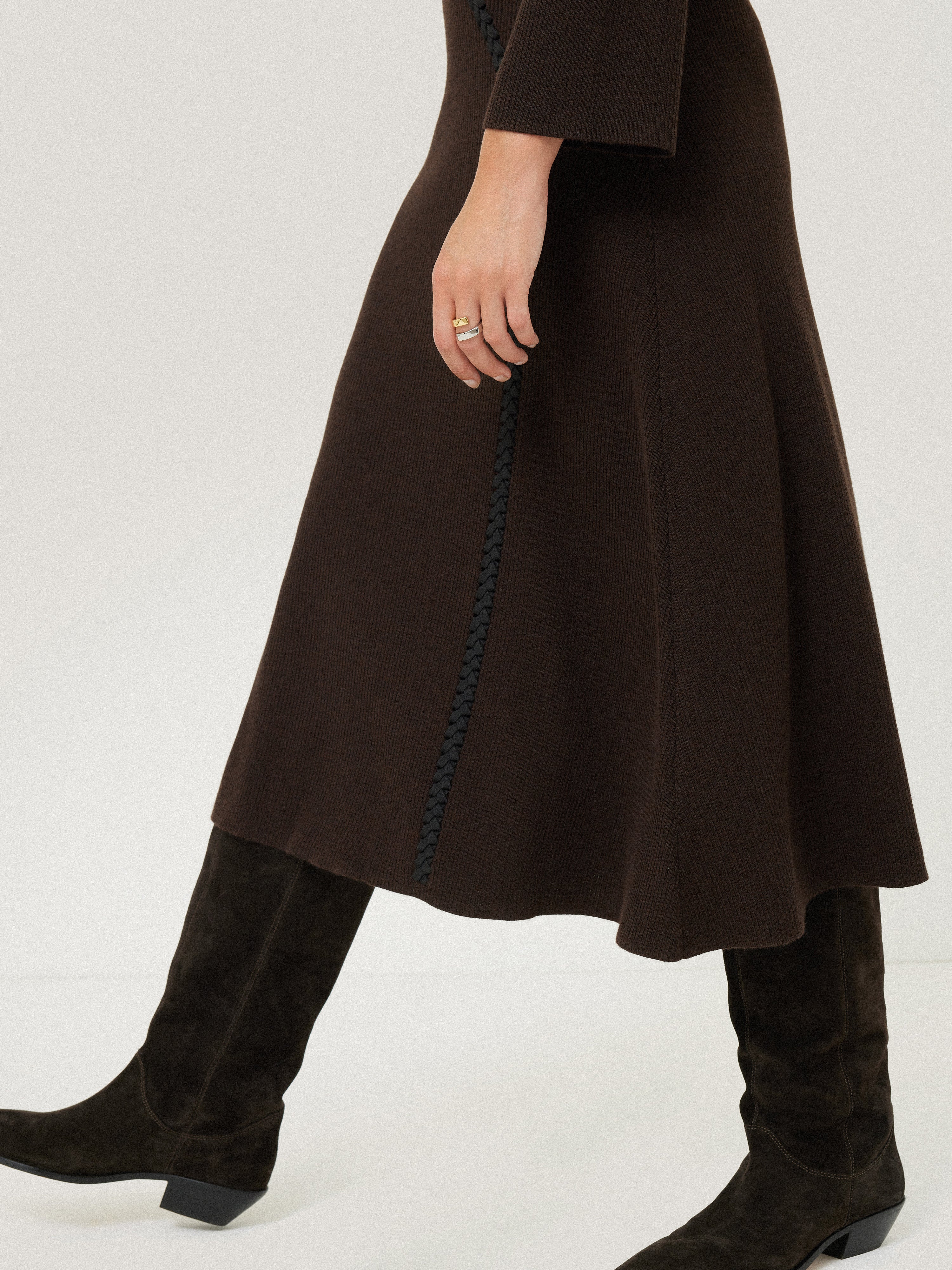 Lattice Trim Knitted Dress for Women - Elegant Brown A-Line Dress for Casual Wear, Office, and Date Night