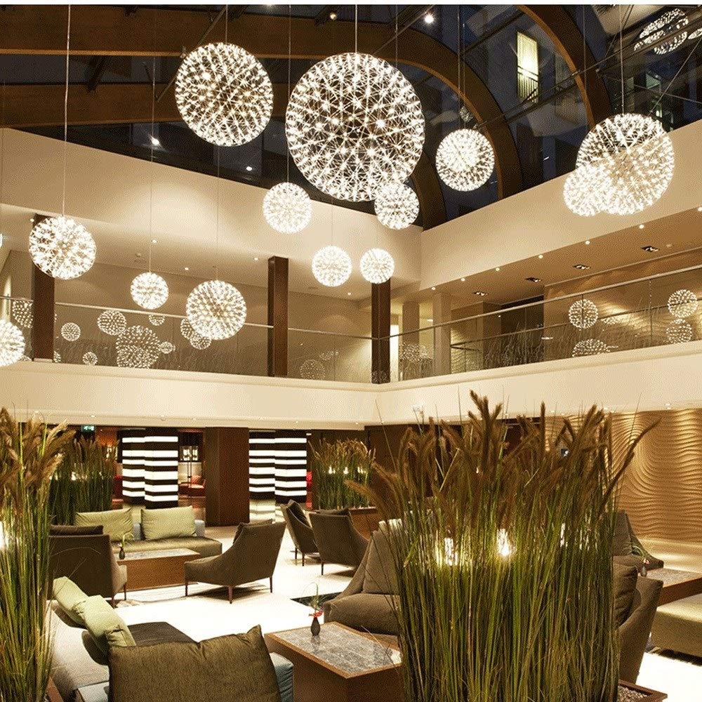 Modern LED Chandelier Lamp - Warm White Firework Spark Ball Ceiling Light, Stainless Steel Spherical Pendant Light for Dining Room, Living Room & Bedroom Decoration | Energy-Efficient Dimmable Lighting Fixture for Home & Restaurant
