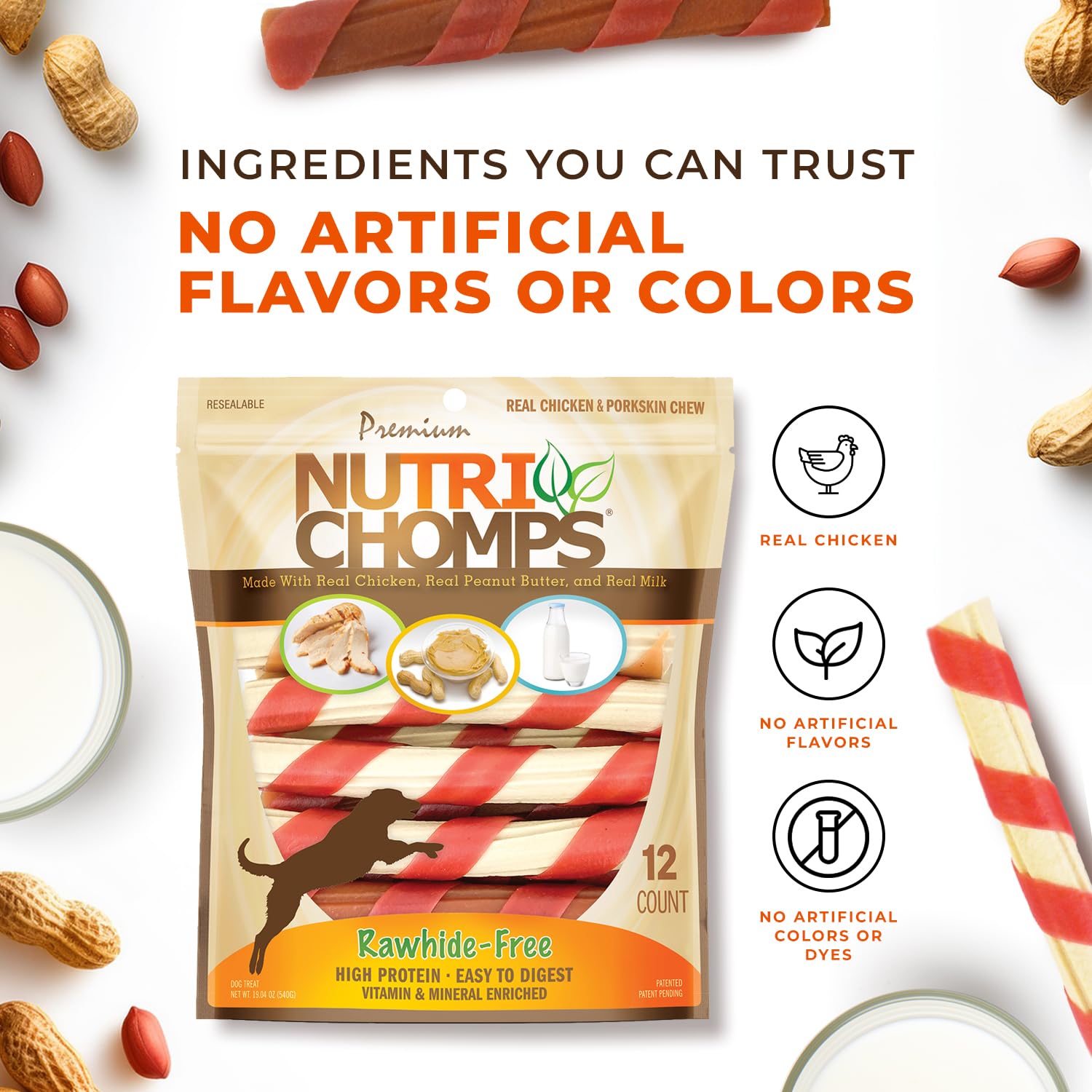 NutriChomps Dog Chews – 6-inch Rawhide-Free Twists, Easy Digestible Dog Treats with Real Chicken, Peanut Butter & Milk Flavors, Healthy Snacks for Dogs (12 Count) | Perfect for Training Rewards, Dental Health & Anxious Chewing