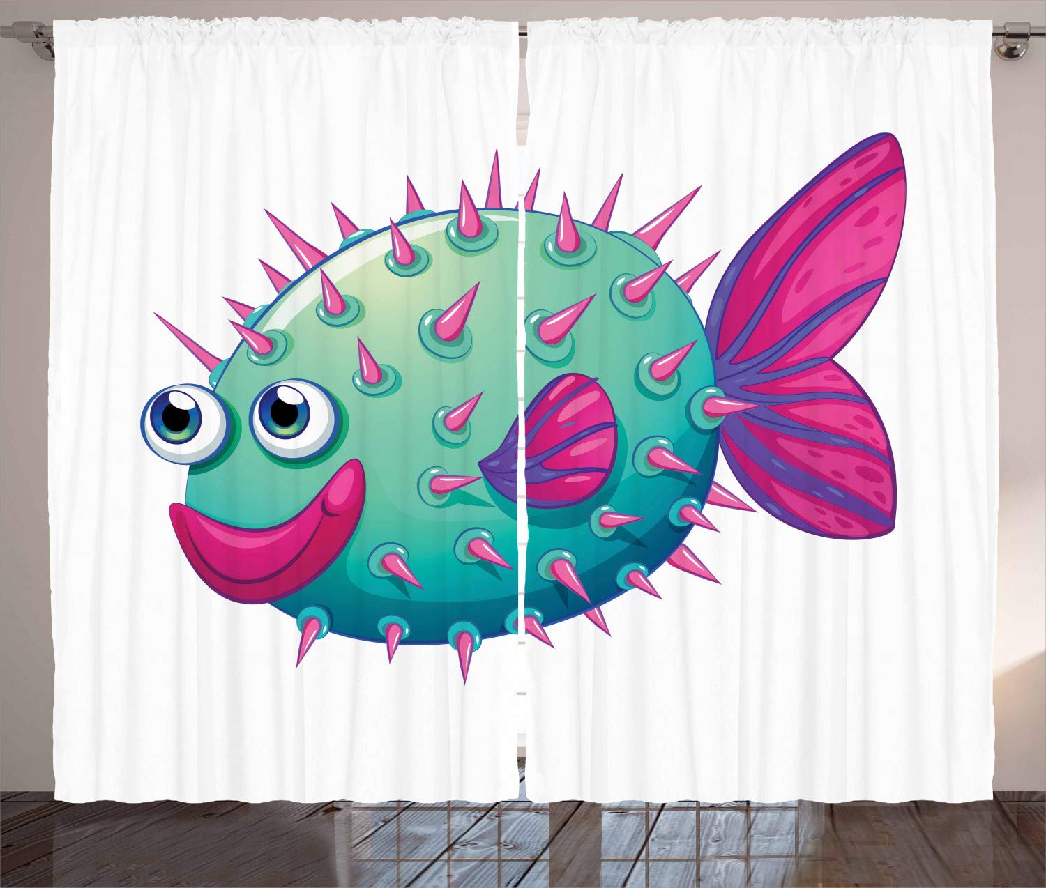 Ambesonne Fish Curtains - Vibrant Color Bubble Fish Design on White Background, 2 Panel Window Drapes 108