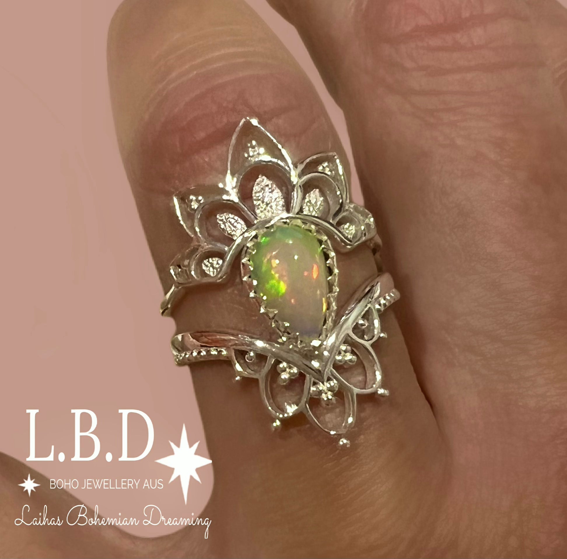 Laihas Daisly Boho Genuine Opal Ring Set for Women - Sterling Silver Stackable Rings - Handmade Bohemian Jewelry for Everyday Wear & Special Occasions