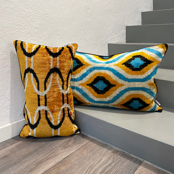 Luxury Velvet Ikat Cushion Cover Aqua Blue - Bohemian Decorative Throw Pillow for Sofa, Bed & Home Decor - Perfect for Living Room, Bedroom, Nursery & Office