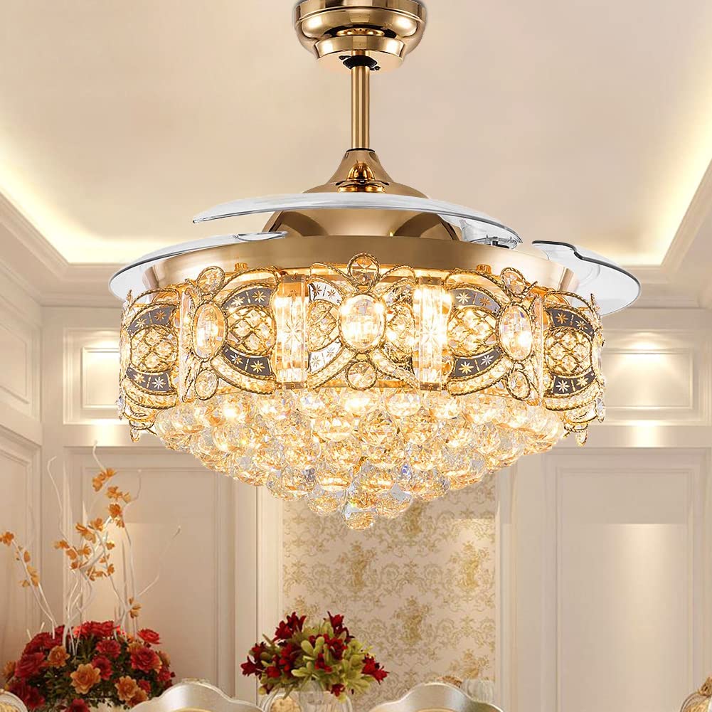 Modern Crystal Ceiling Fan with Lights & Remote - Invisible Retractable Chandelier Fan with 3 LED Light Settings, Rose Gold - Perfect for Dining Room, Bedroom, Living Room & Home Decor